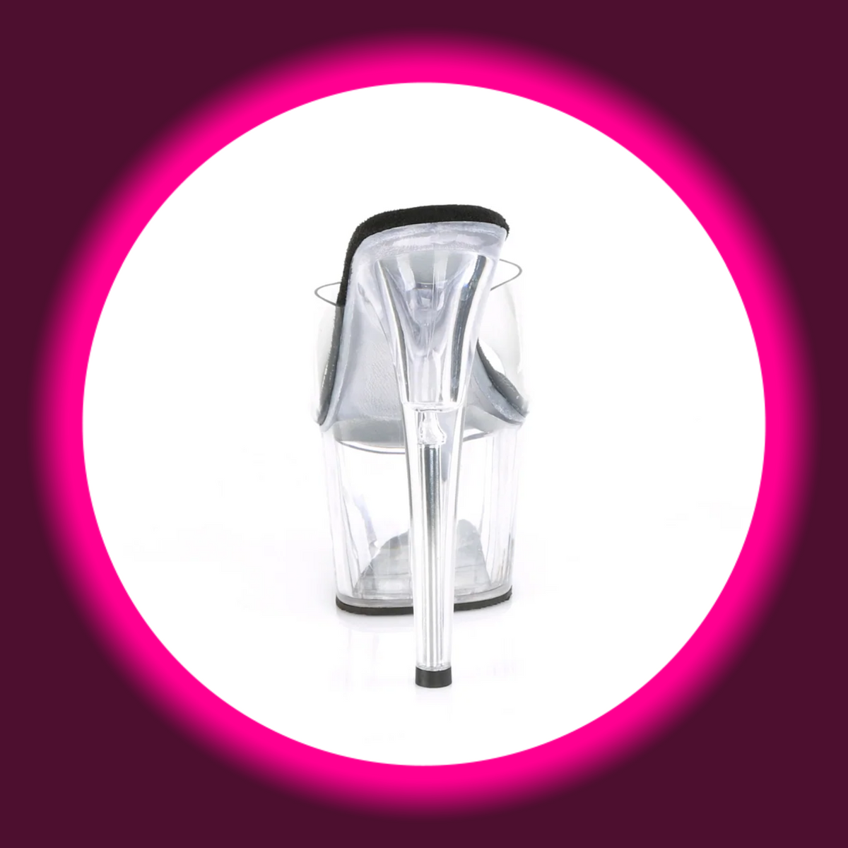 Pleaser Adore 701 Plateau-Pantolette in Schwarz-Transparent, Rückansicht mit hohem transparentem Stilettoabsatz, freier Ferse und schwarzer Innensohle
