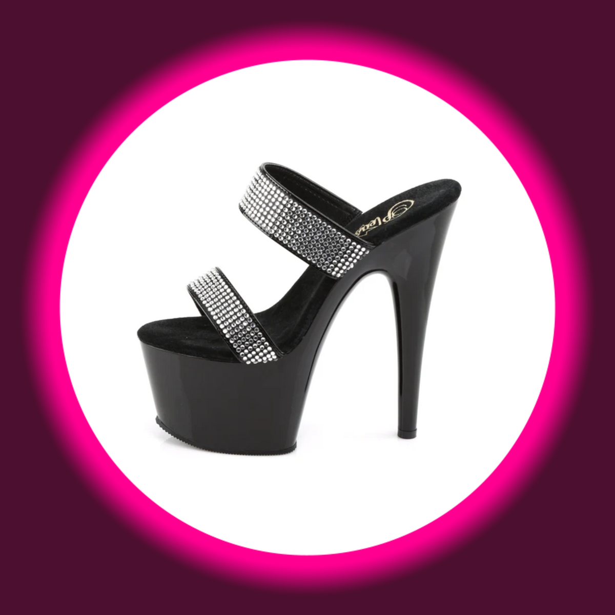 Pleaser Adore 702-2 Plateau-Pantolette in Schwarz, gegenüberliegende Seitenansicht mit zwei silberfarbenen Strassriemen, freier Ferse und glänzendem Plateau
