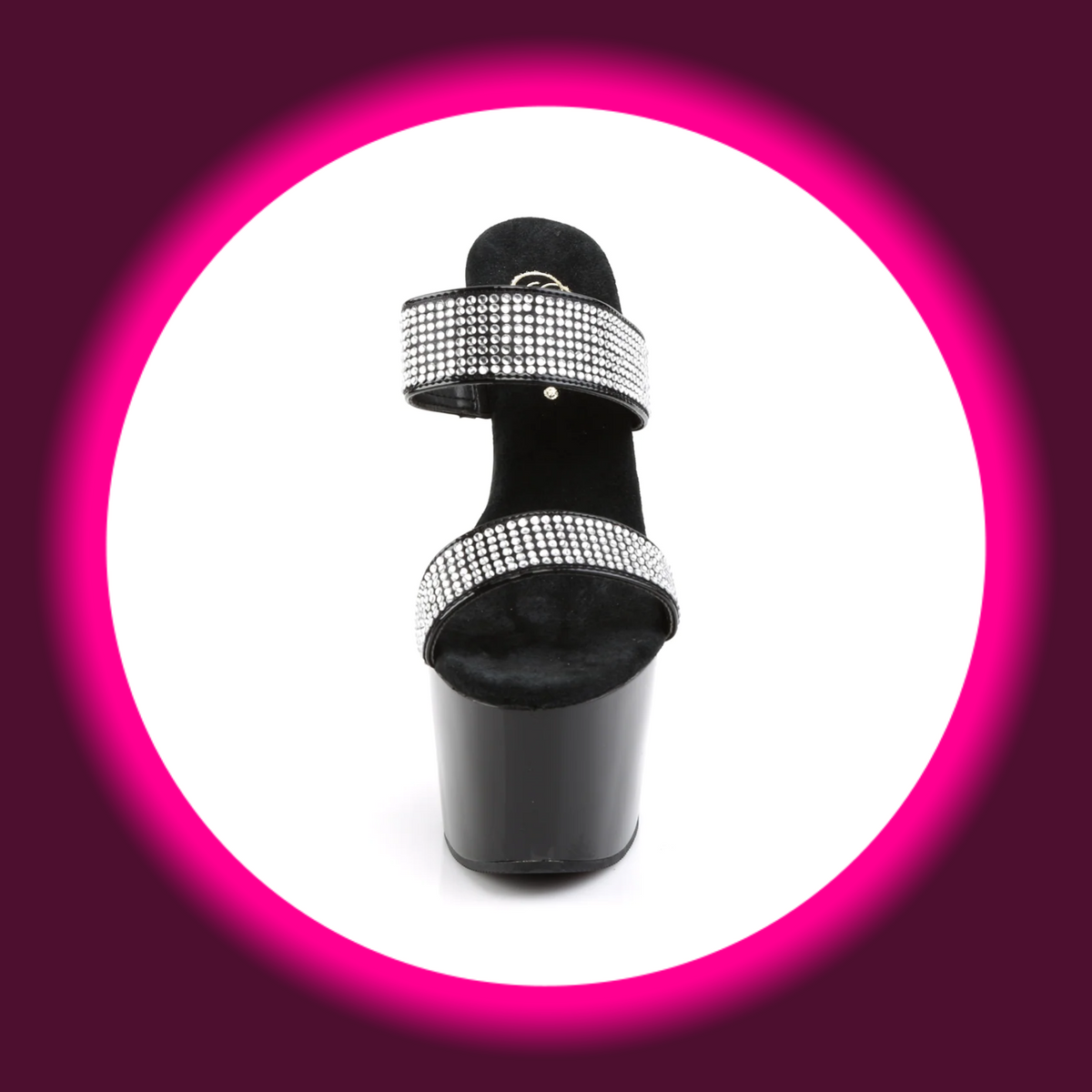 Pleaser Adore 702-2 Plateau-Pantolette in Schwarz, freigestellte Frontansicht mit zwei dicht strassbesetzten Riemen, offener Schuhspitze und hohem Lackplateau