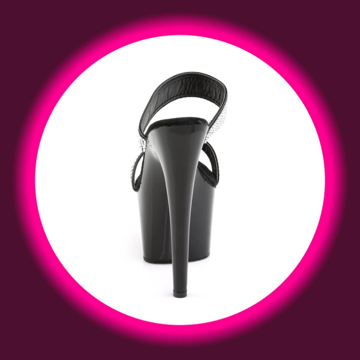 Pleaser Adore 702-2 Plateau-Pantolette in Schwarz, freigestellte Rückansicht mit offener Ferse, hohem glänzendem Stilettoabsatz und Blick auf die Innenseite der Riemen