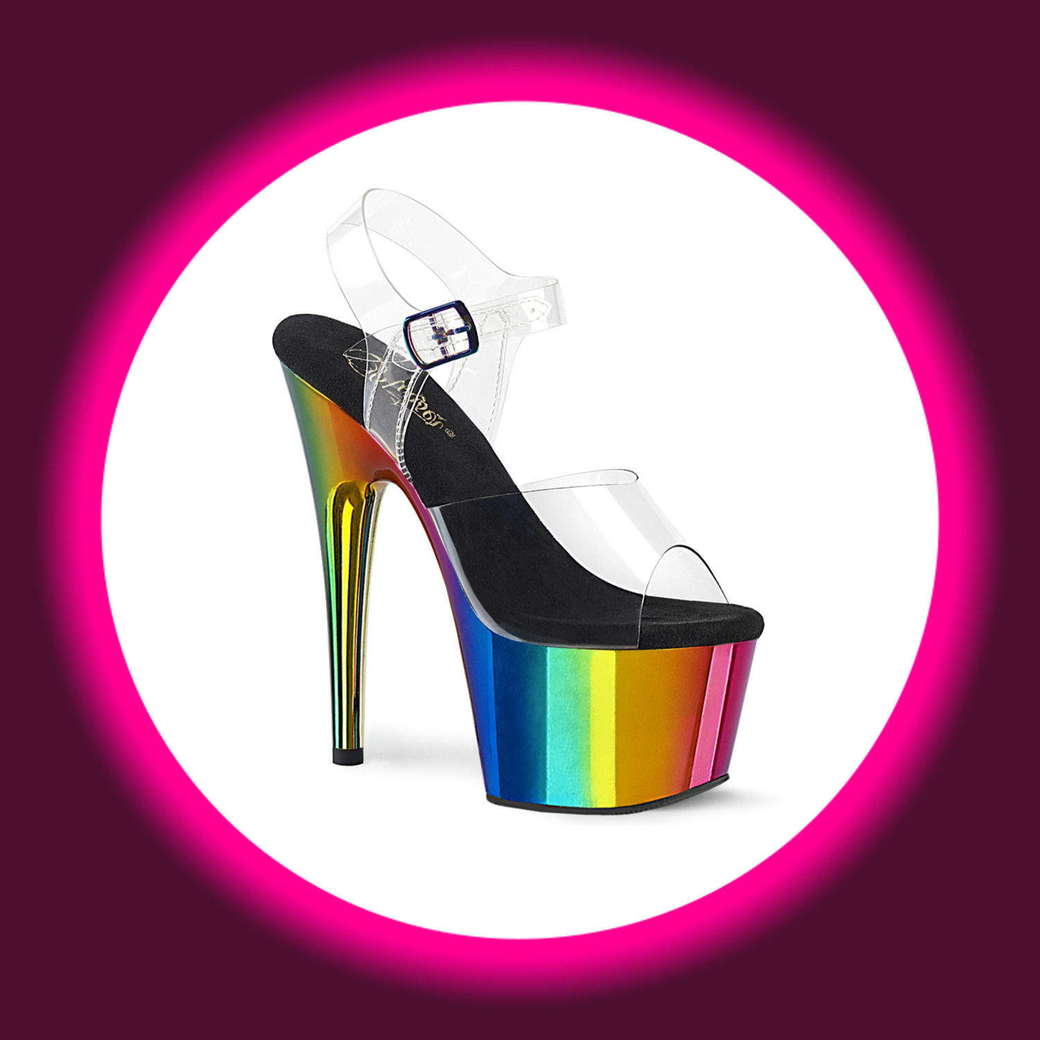 Winkelansicht bunte Plateau-Sandale in Regenbogen Farben, mit hohem Absatz und Chromeffekt, Pleaser Adore 708