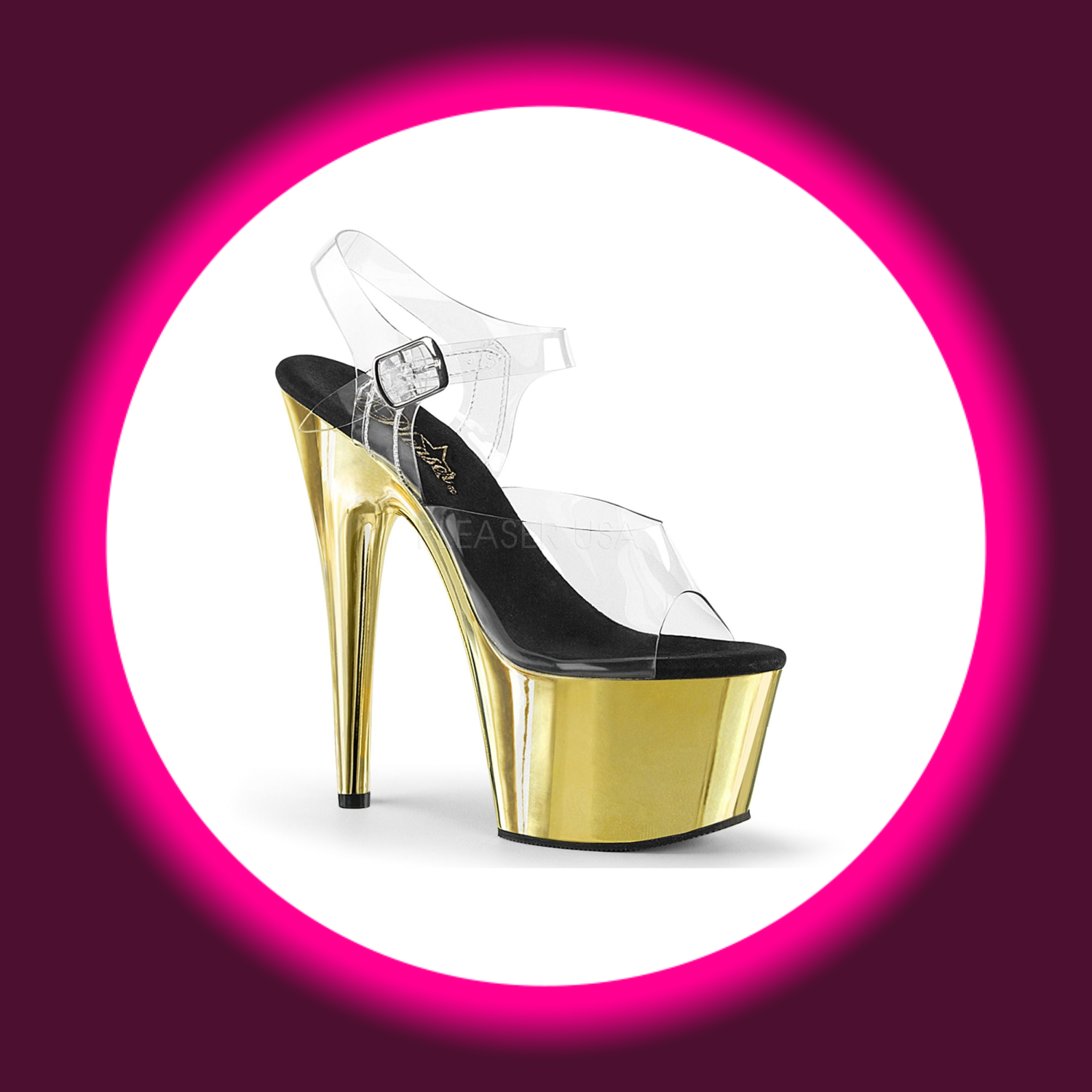 Winkelansicht goldfarbene Plateau-Sandale mit schwarzer Sohle und verchromtem Plateau und Absatz, Pleaser Adore 708