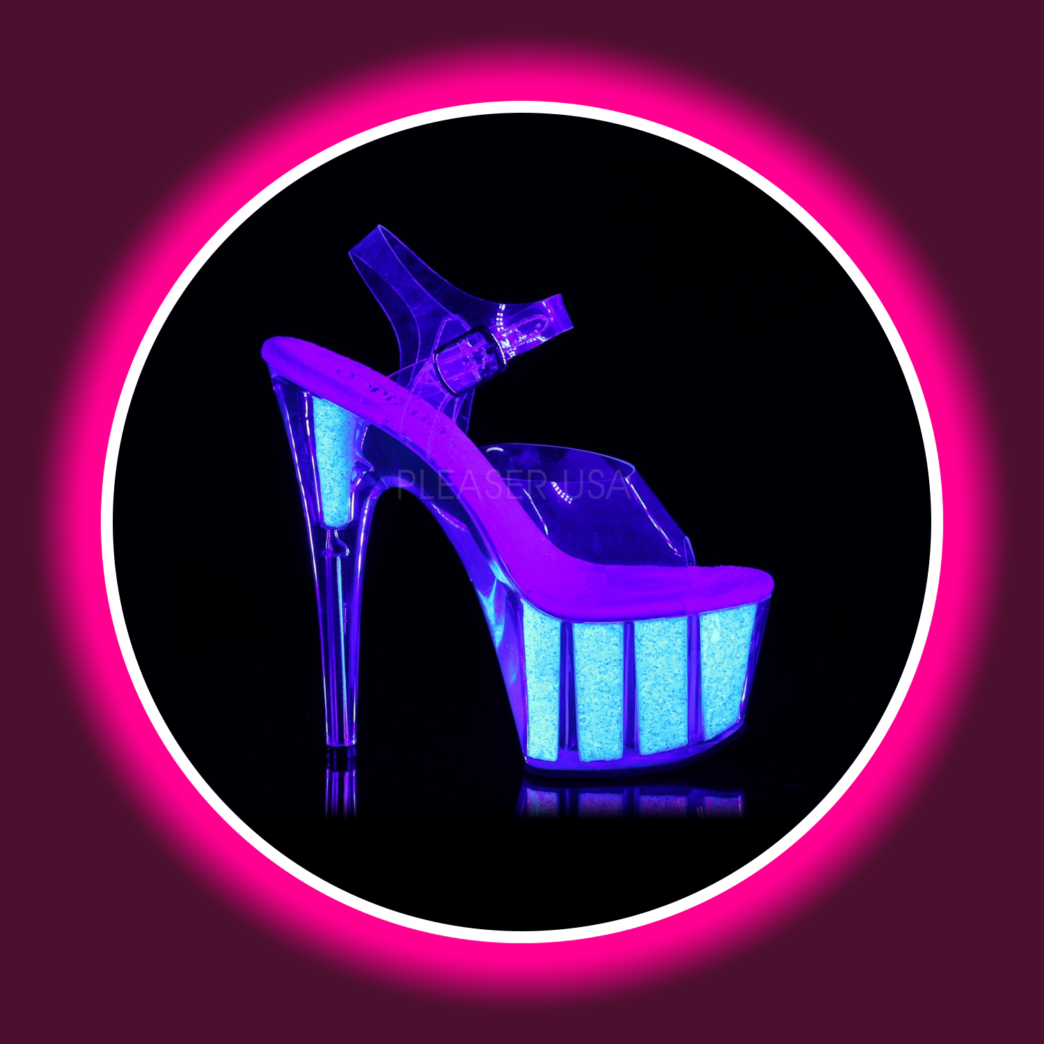 seitliche Ansicht uv-reaktive Plateau-Sandale mit hohem Absatz und Glitzereinsätzen, PLEASER ADORE 708