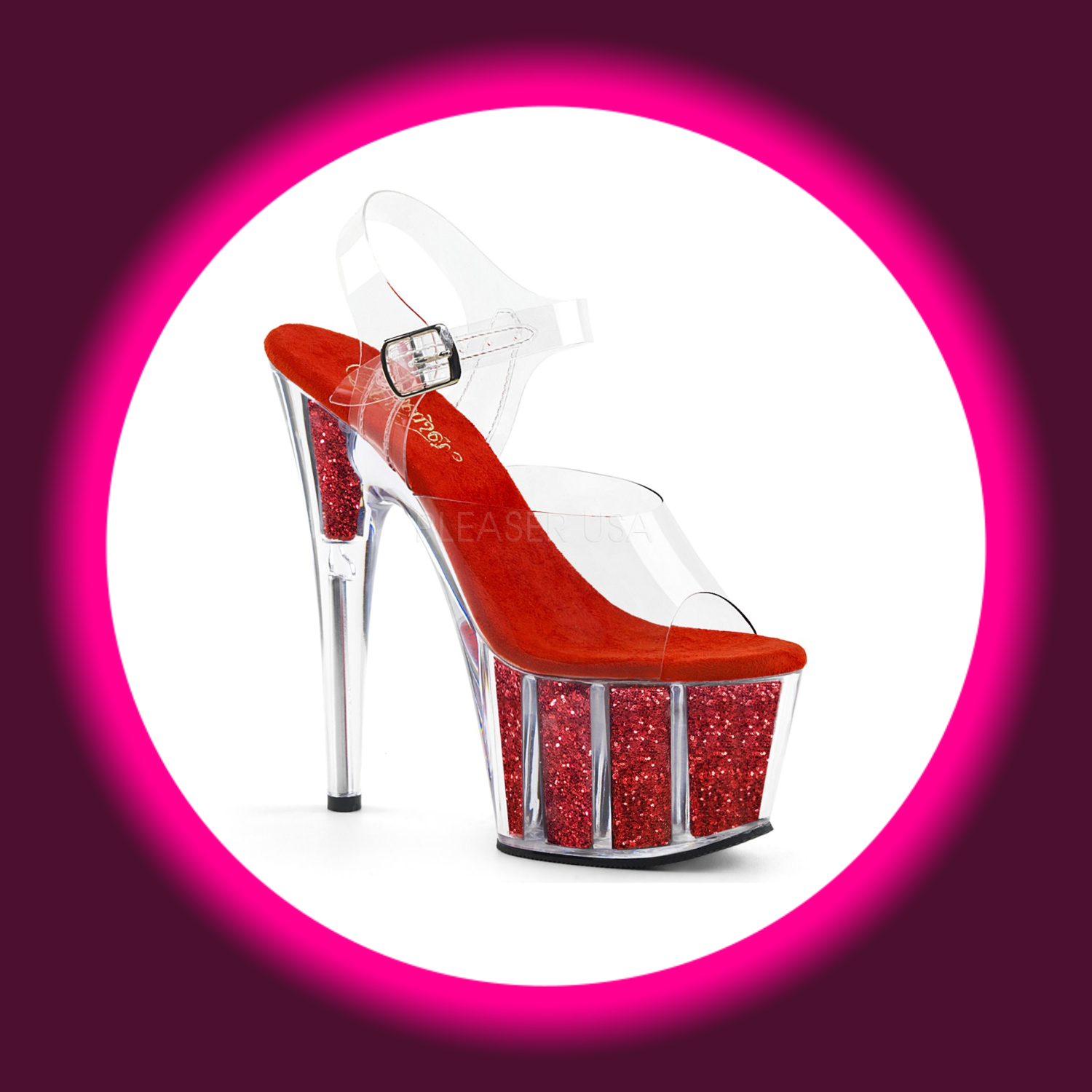 Winkelansicht rote Plateau-Sandale mit hohem Absatz und Glittereinsätzen, PLEASER ADORE 708