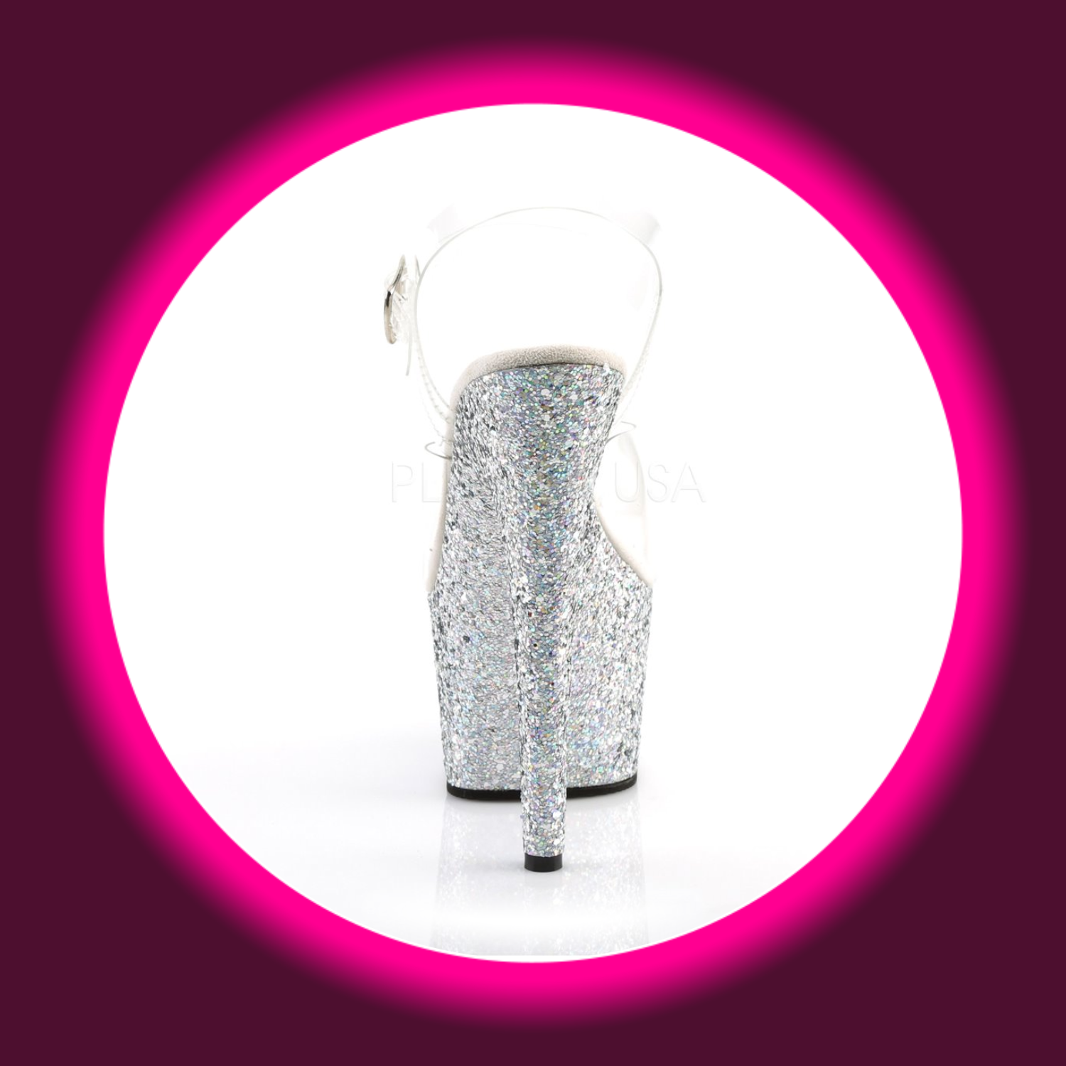 Rückansicht silber glitzernde Plateau-Sandale mit hohem Absatz und transparentem Riemen, Adore 708, Pleaser