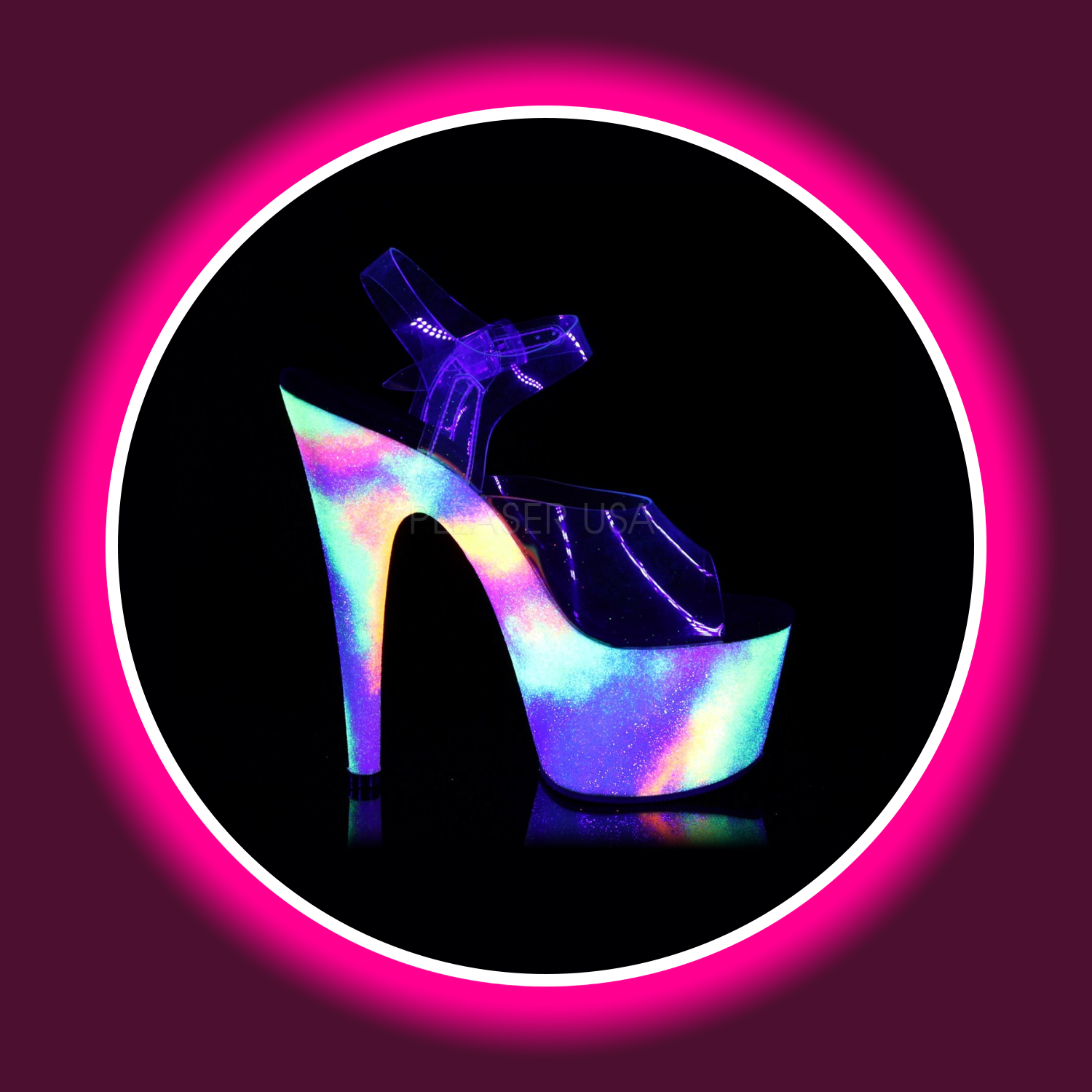 seitliche Ansicht uv-reaktive Plateau-Sandale mit hohem Absatz und transparenten Riemen, Pleaser Adore 708