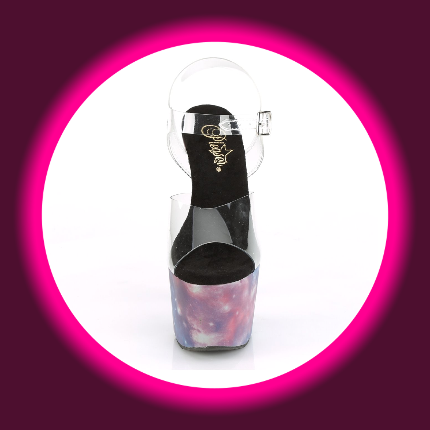 Frontansicht auf eine uv-reaktive mehrfarbige Sandalette bzw. High Heels mit transparenten Riemen, Pleaser Adore 708 Galaxy