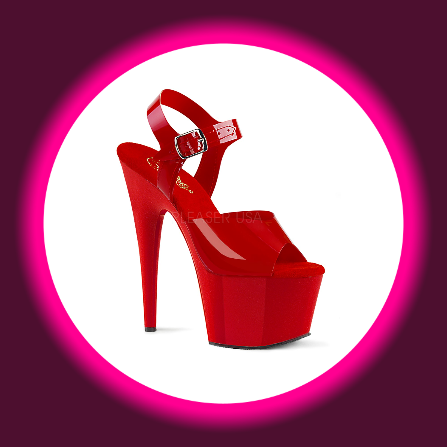 Winkelansicht rote Plateau-Sandaletten mit hohem Absatz, Pleaser Adore 708