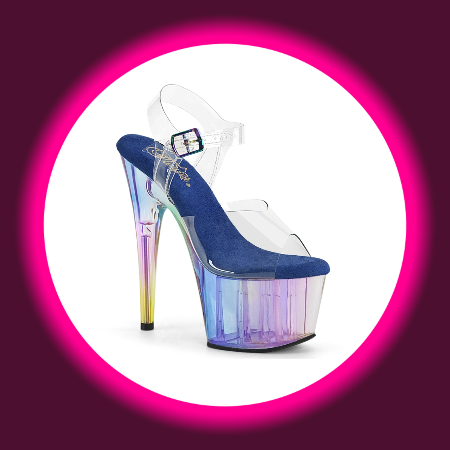 Winkelansicht bunte Plateau-Sandale mit blauer Sohle und hohem Absatz, Pleaser Adore 708