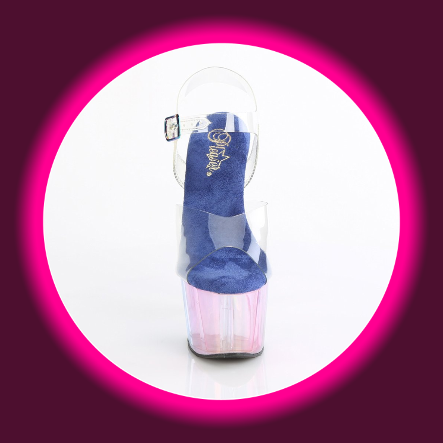 Frontansicht bunt schimmernde Plateau-Sandale mit hohem Plateau und blauer Sohle, Pleaser Adore 708