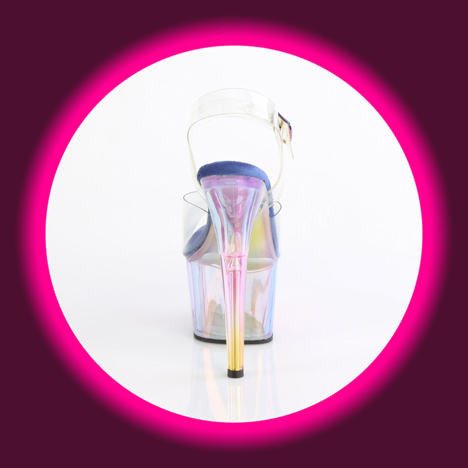 Rückansicht bunt schimmernde Plateau-Sandale mit hohem Absatz und blauer Sohle, Pleaser Adore 708