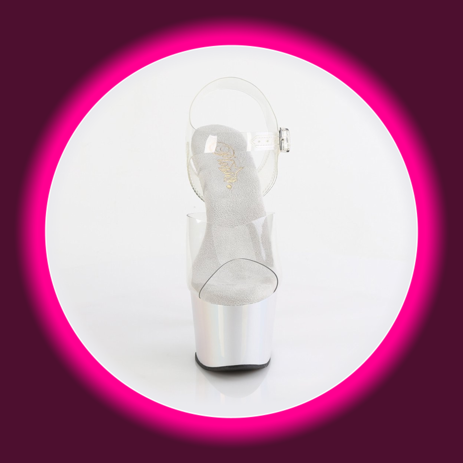 Frontansicht schimmernde Plateau-Sandale mit hohem Plateau und transparenten Riemen, Pleaser Adore 708