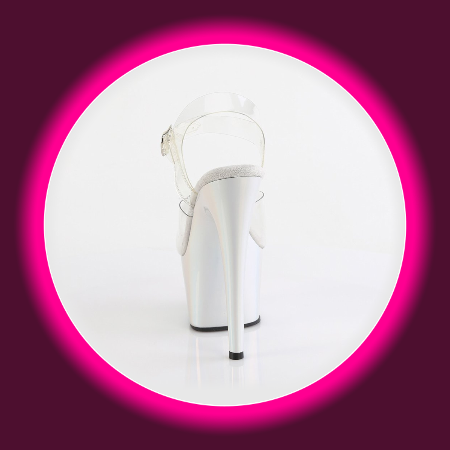 Rückansicht schimmernde Plateau-Sandale mit hohem Absatz und transparenten Riemen, Pleaser Adore 708