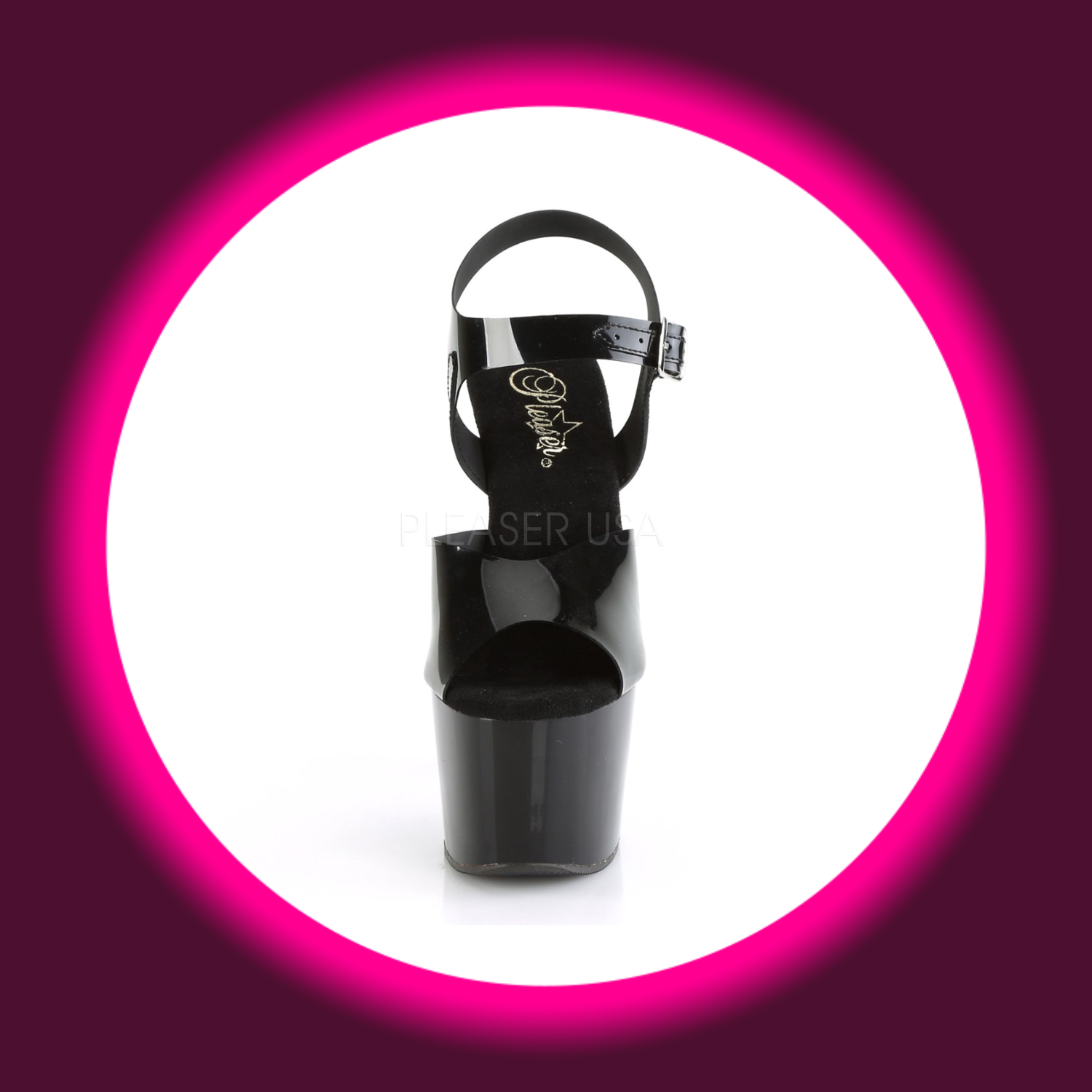 Frontansicht schwarze Plateau-Sandaletten mit hohem Plateau, Pleaser Adore 708