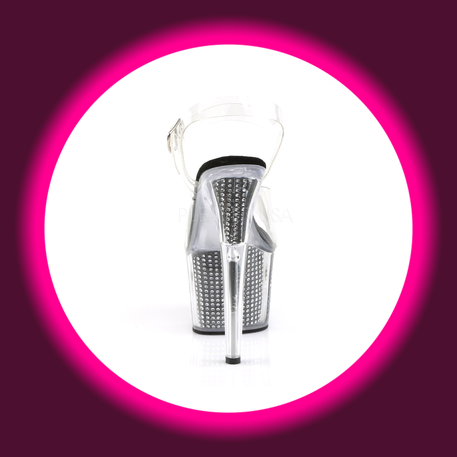 Rückansicht transparente Plateau-Sandalen mit schwarzer Innensohle und Strass in Absatz und Plateau, Pleaser Adore 708