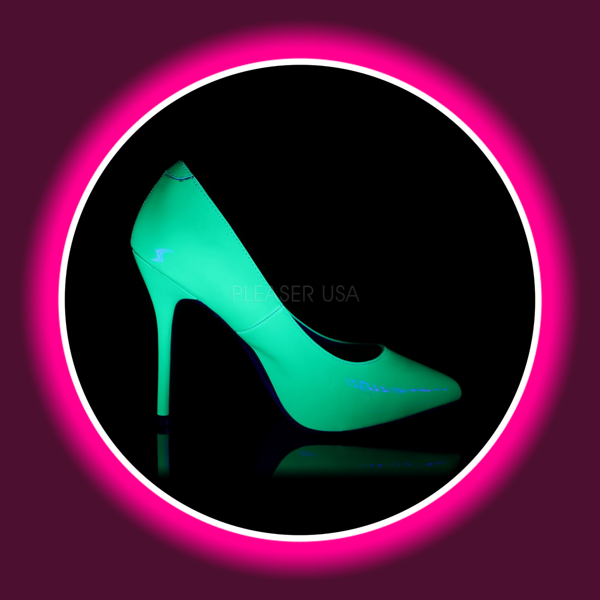 seitliche Ansicht neon grüne uv-reaktive Pumps mit hohem Absatz, Pleaser Amuse 20