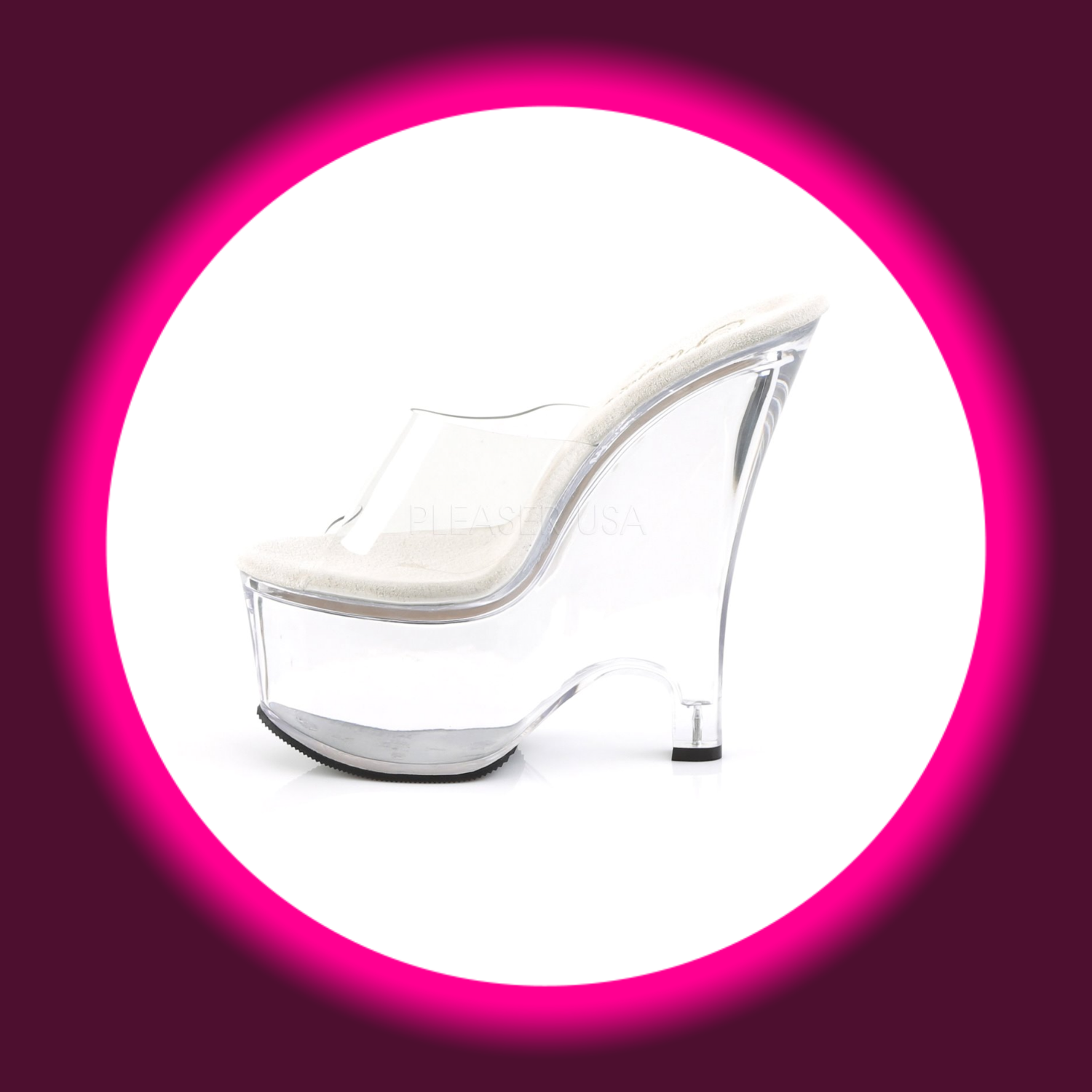 seitliche Ansicht transparente hohe keilförmige Pantoletten mit transparentem Riemen, Pleaser Beau 601