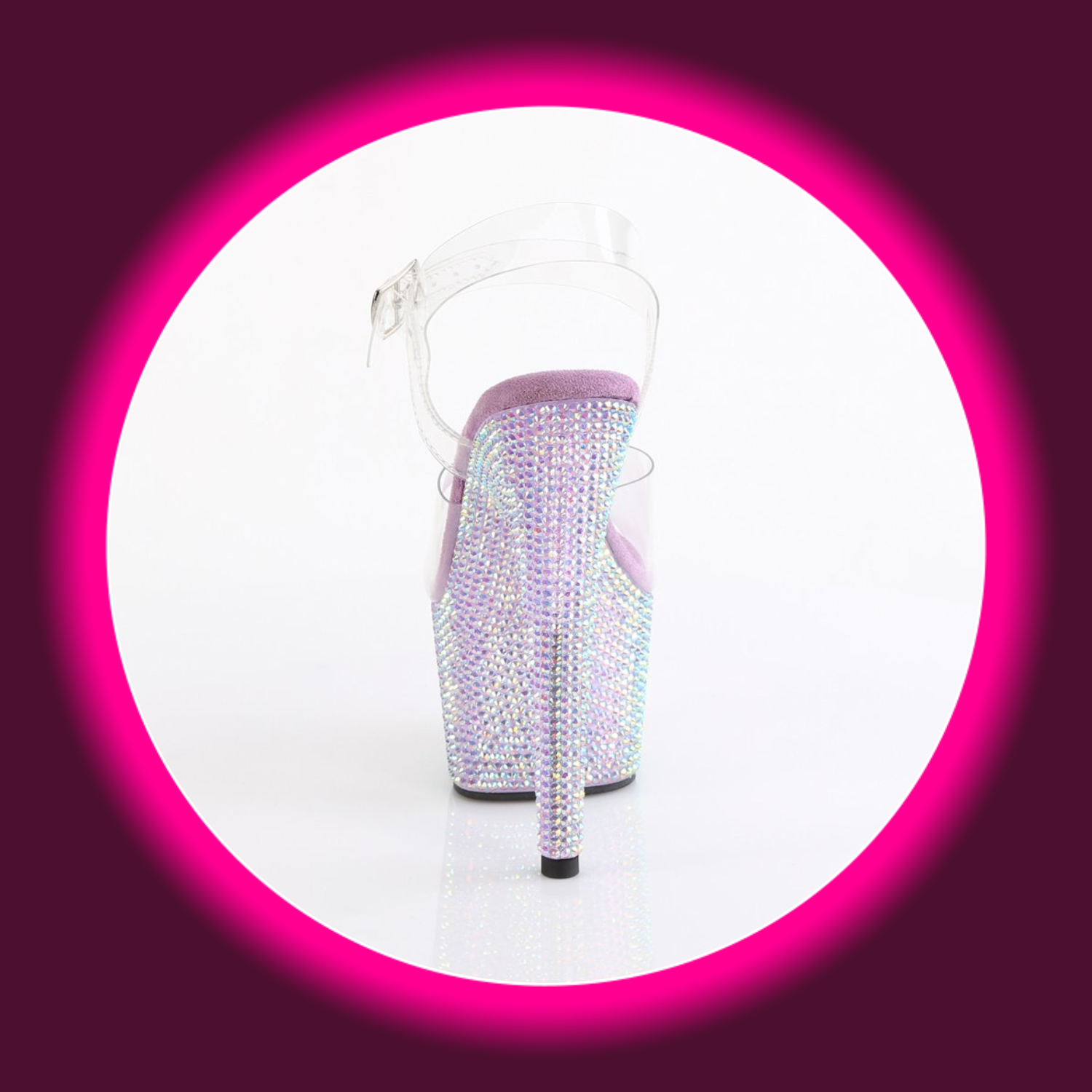 Rückansicht violette Plateau-Sandalen mit hohem Absatz, Straßsteinen und transparenten Riemen, Pleaser Bejeweled 708