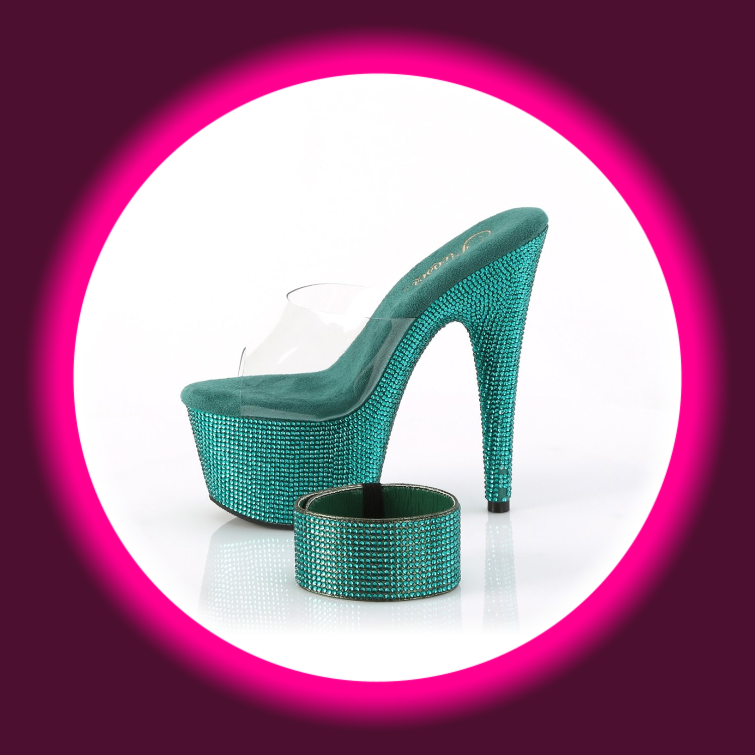 seitliche Ansicht Plateaupantolette in petrol mit Glitzersteinen und passendem Riemchen, Pleaser Bejeweled 712