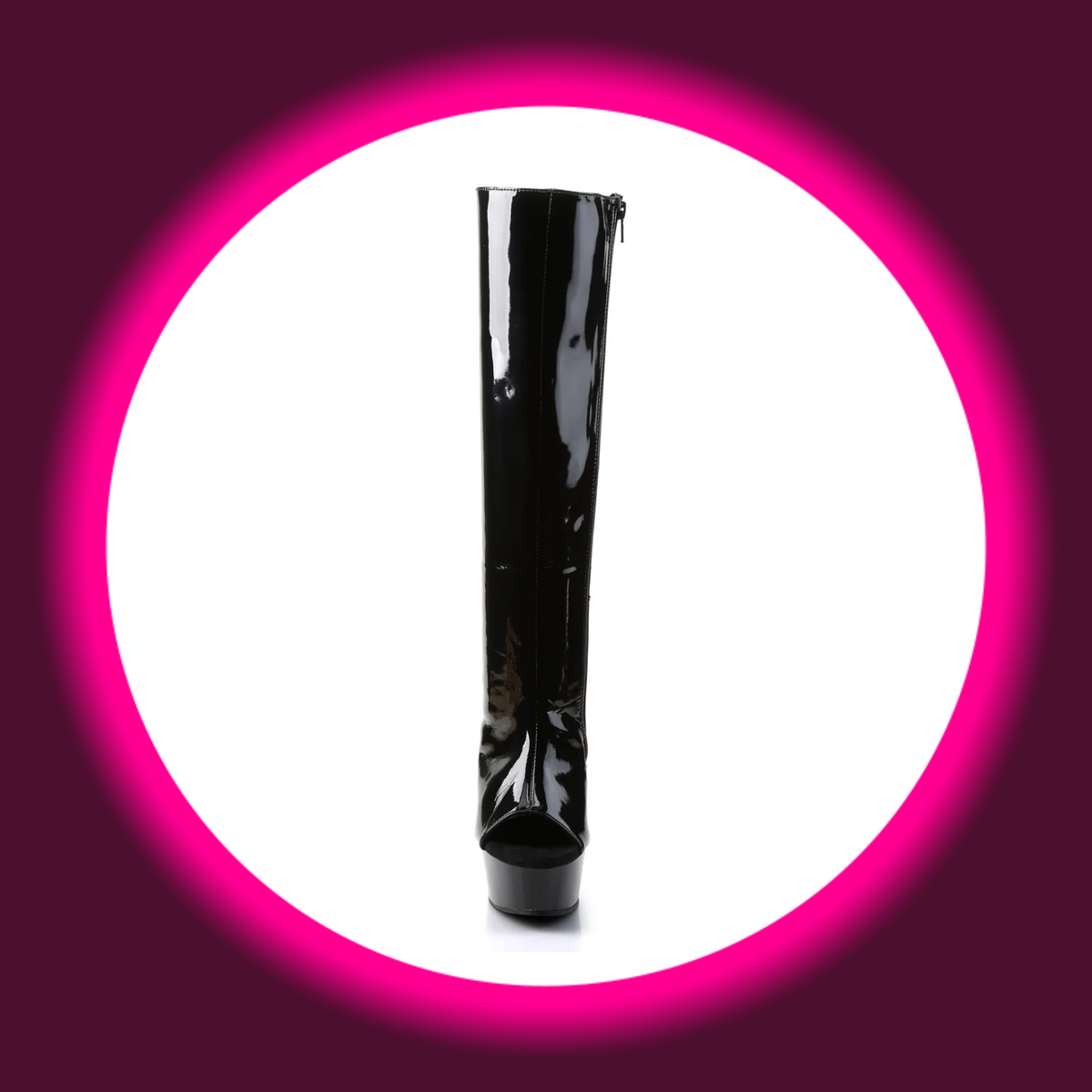 Pleaser Delight 2018 Plateau-Stiefel in schwarzer Lackoptik, Frontansicht mit glattem hohem Schaft, offener Zehenpartie und schwarzem Plateau
