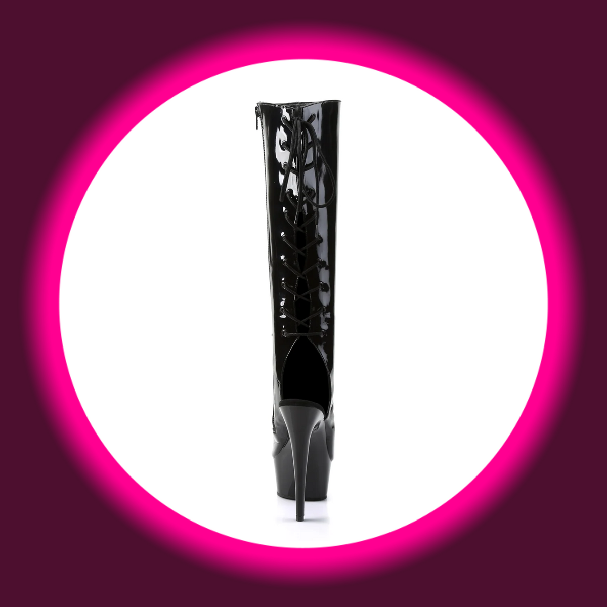 Pleaser Delight 2018 Plateau-Stiefel in schwarzer Lackoptik, Rückansicht mit durchgehender Kreuzschnürung am Schaft, Fersenausschnitt und schlankem Stilettoabsatz
