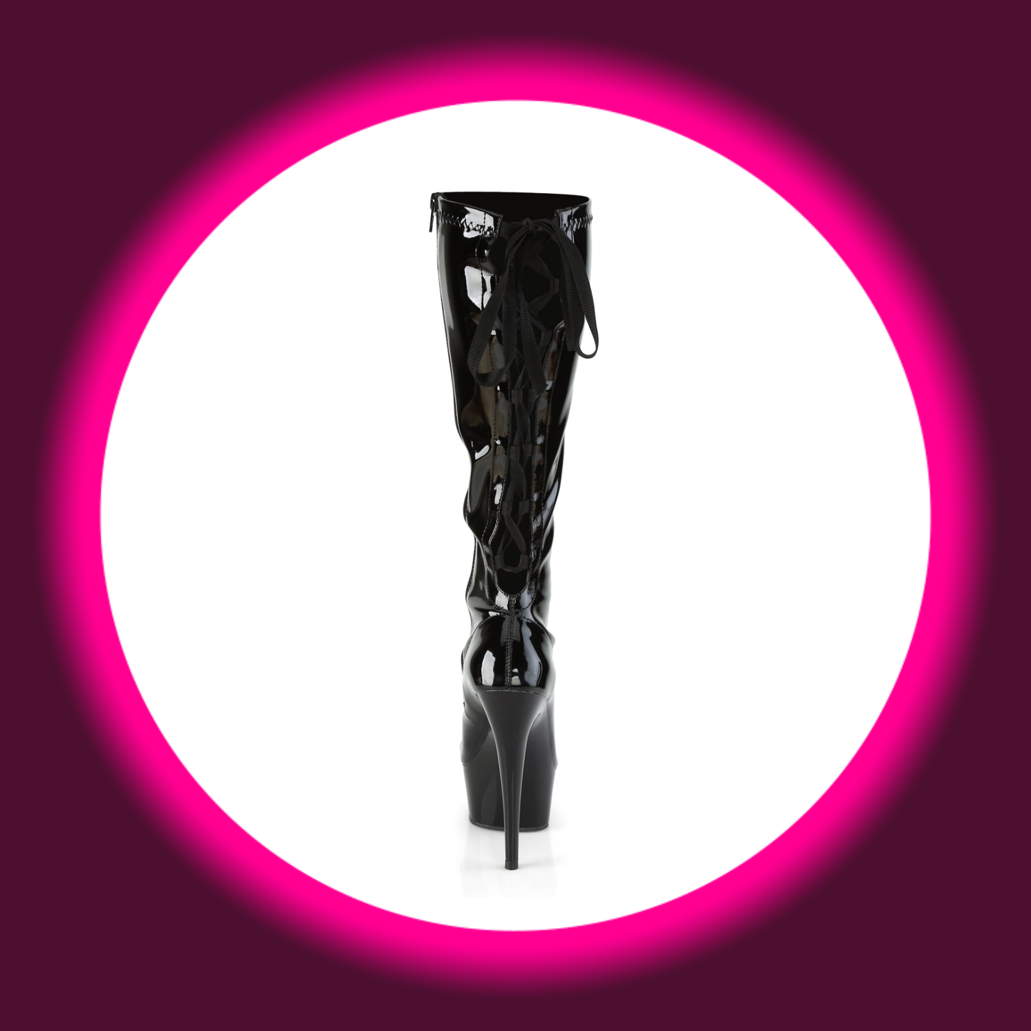 Rückansicht schwarze Plateau-Stiefel Pleaser Delight 2029 mit hohem Absatz und Schnürung an der Schaftrückseite