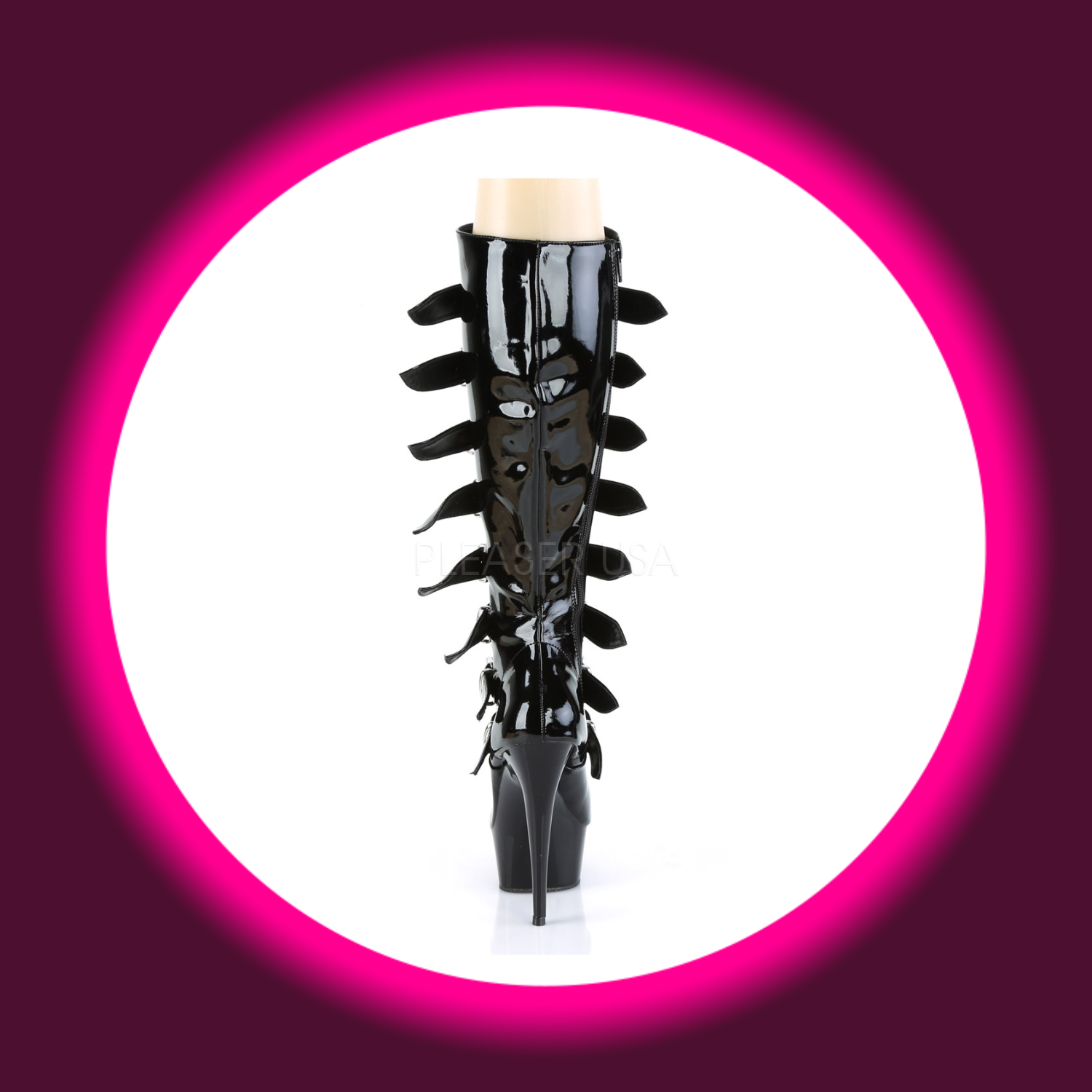 Rückansicht schwarze Plateau Stiefel Pleaser Delight 2049 mit Zierschnallen und hohem Absatz