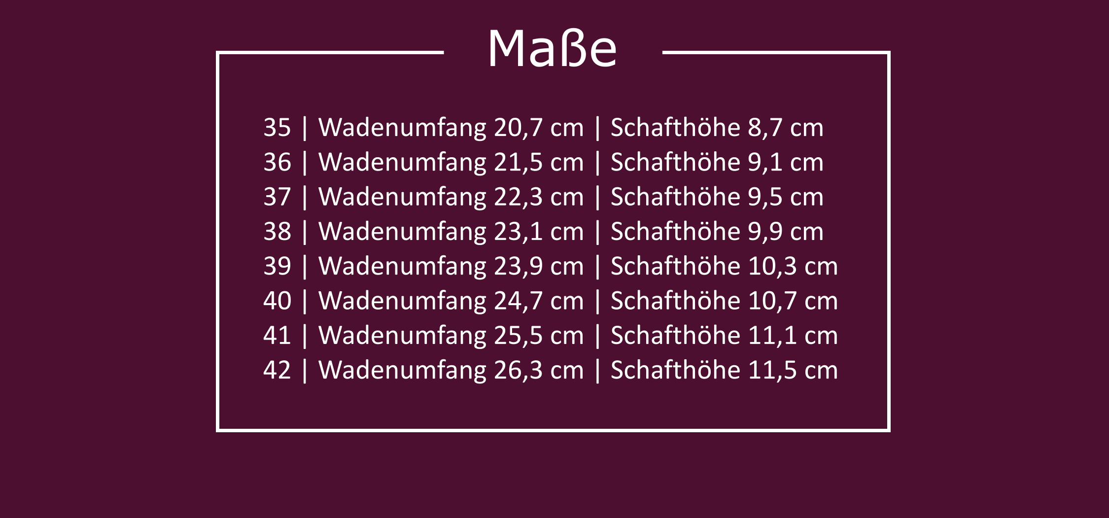 Tabelle mit den Maßen für die Stiefelette Pleaser Delight 600-20