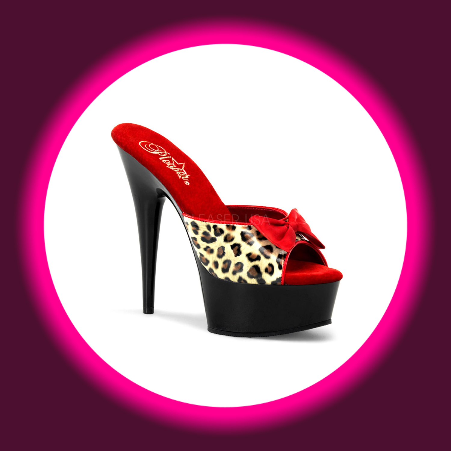 Winkelansicht schwarze Plateau-Pantoletten mit Leoprint und roter Sohle und roter Schleife, Pleaser Delight 601