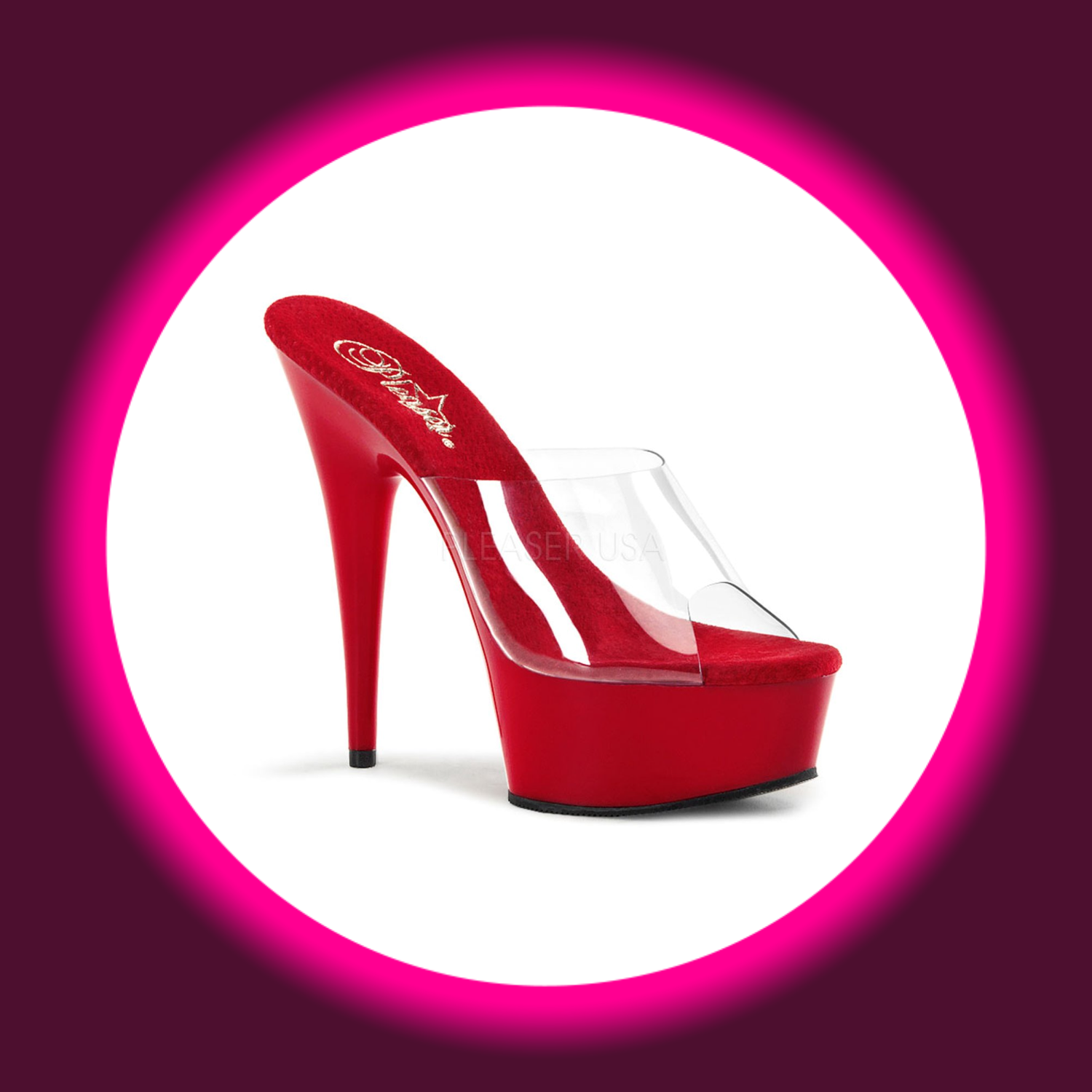 Winkelansicht rote Plateau-Pantoletten mit hohem Absatz, Pleaser Delight 601