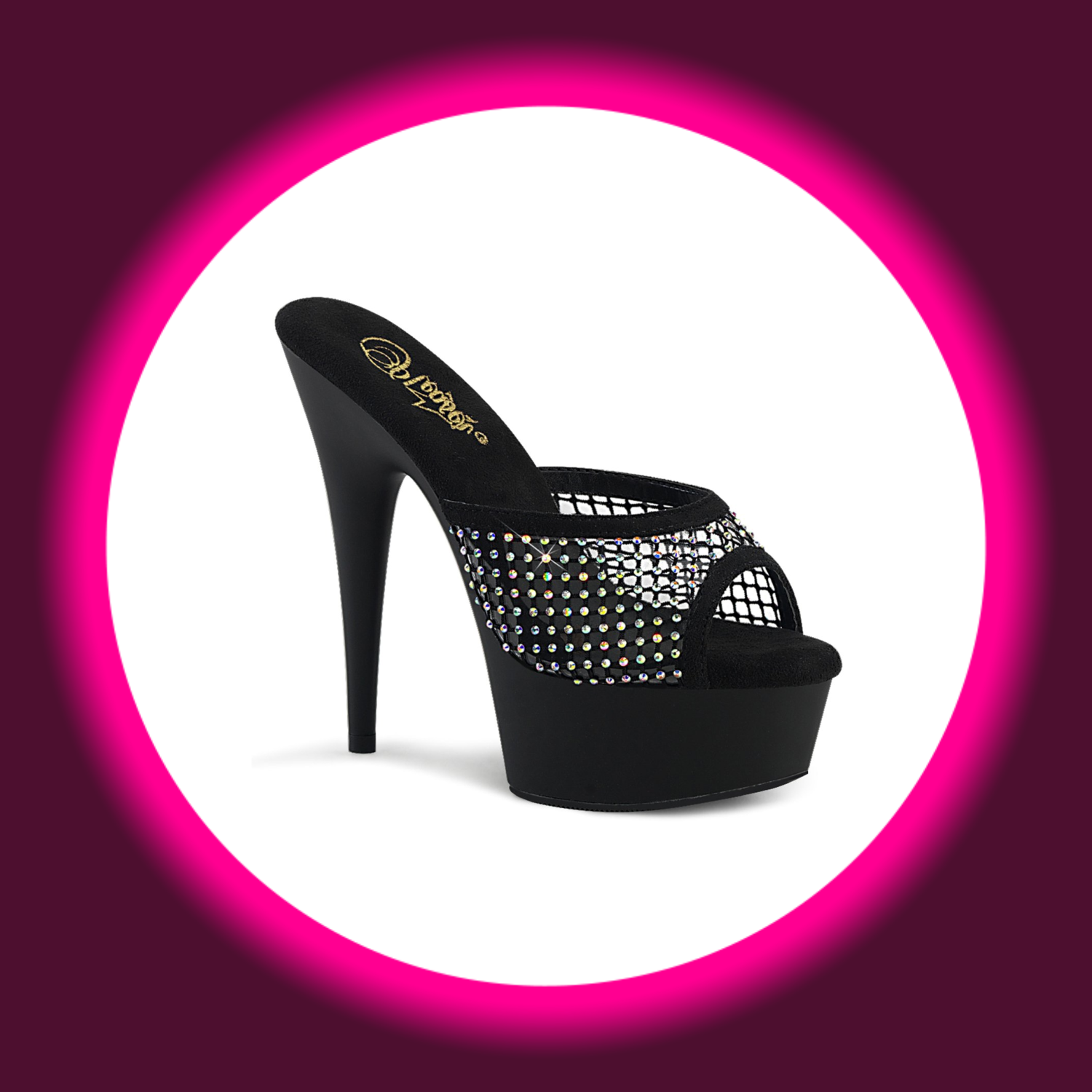 Winkelansicht schwarze Plateau-Pantoletten mit Straßsteinen und hohem Absatz, Pleaser Delight 601