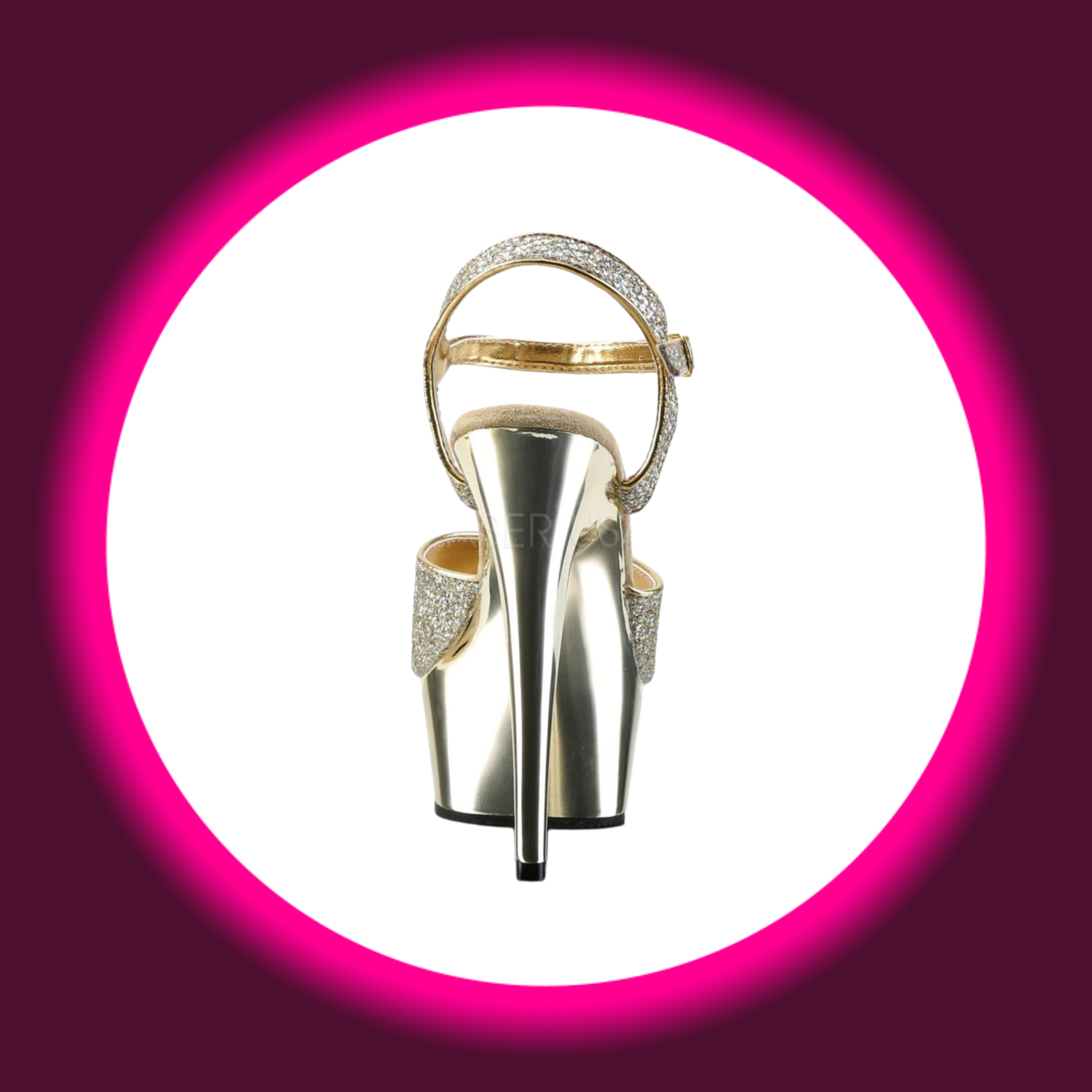 Rückansicht goldene verchromte Plateausandale mit glitzernden Riemen und hohem Absatz, Pleaser Delight 609