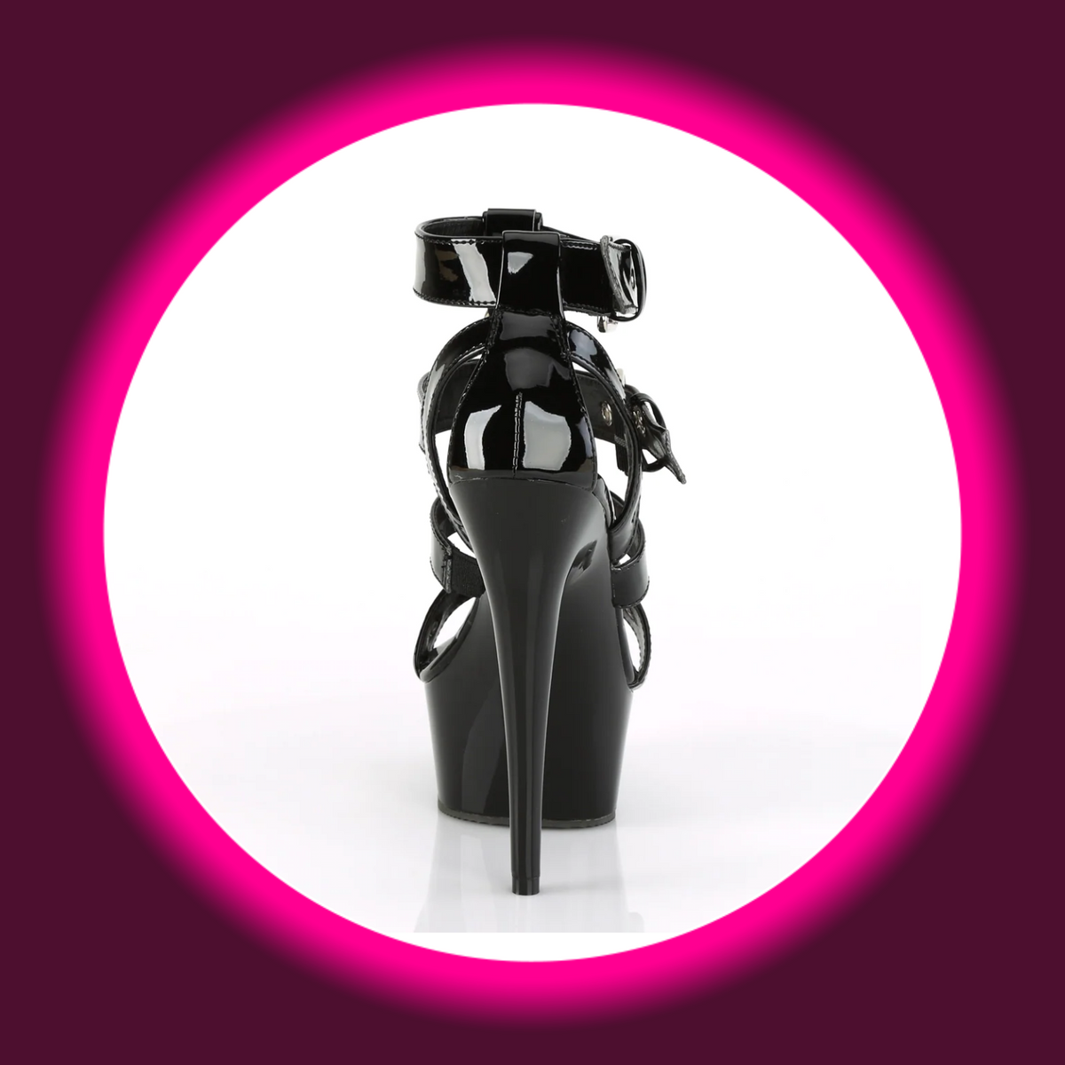 Pleaser Delight 658 Plateau-Sandalette in schwarzer Lackoptik, Rückansicht mit geschlossener Fersenpartie, Knöchelriemen und hohem schlankem Stilettoabsatz