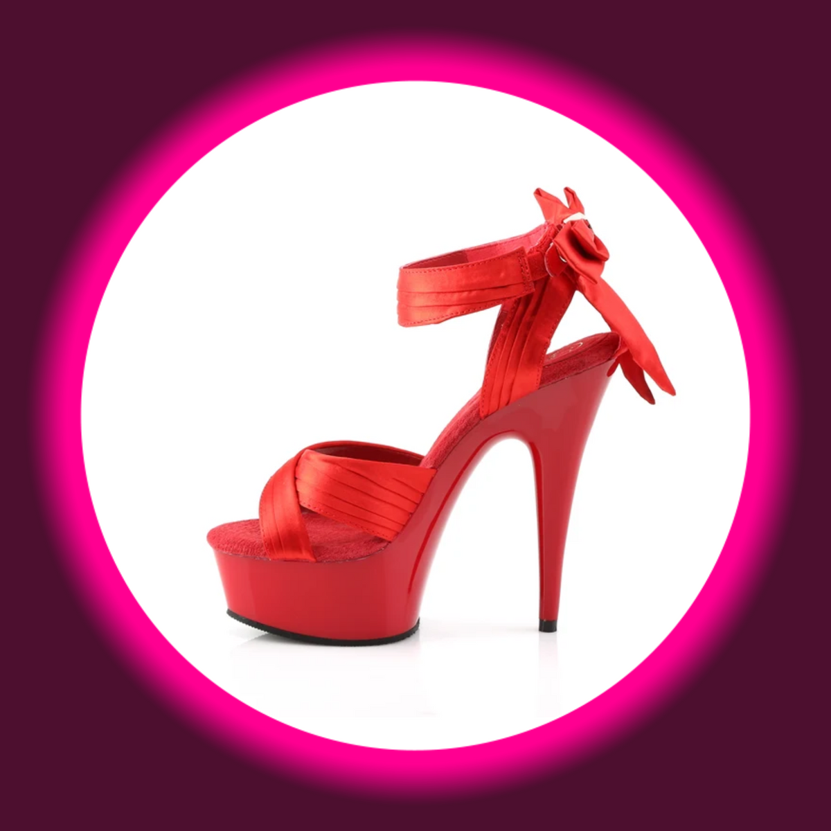 Pleaser Delight 668 Plateau-Sandalette in Rot, gegenüberliegende Seitenansicht mit schimmernden Satinriemen, offener Spitze und Schleife mit langen Bändern