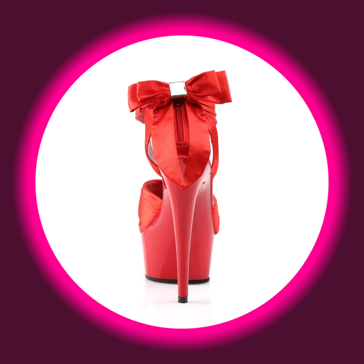 Pleaser Delight 668 Plateau-Sandalette in Rot, Rückansicht mit großer Satinschleife, rückseitigem Reißverschluss und schlankem Stilettoabsatz