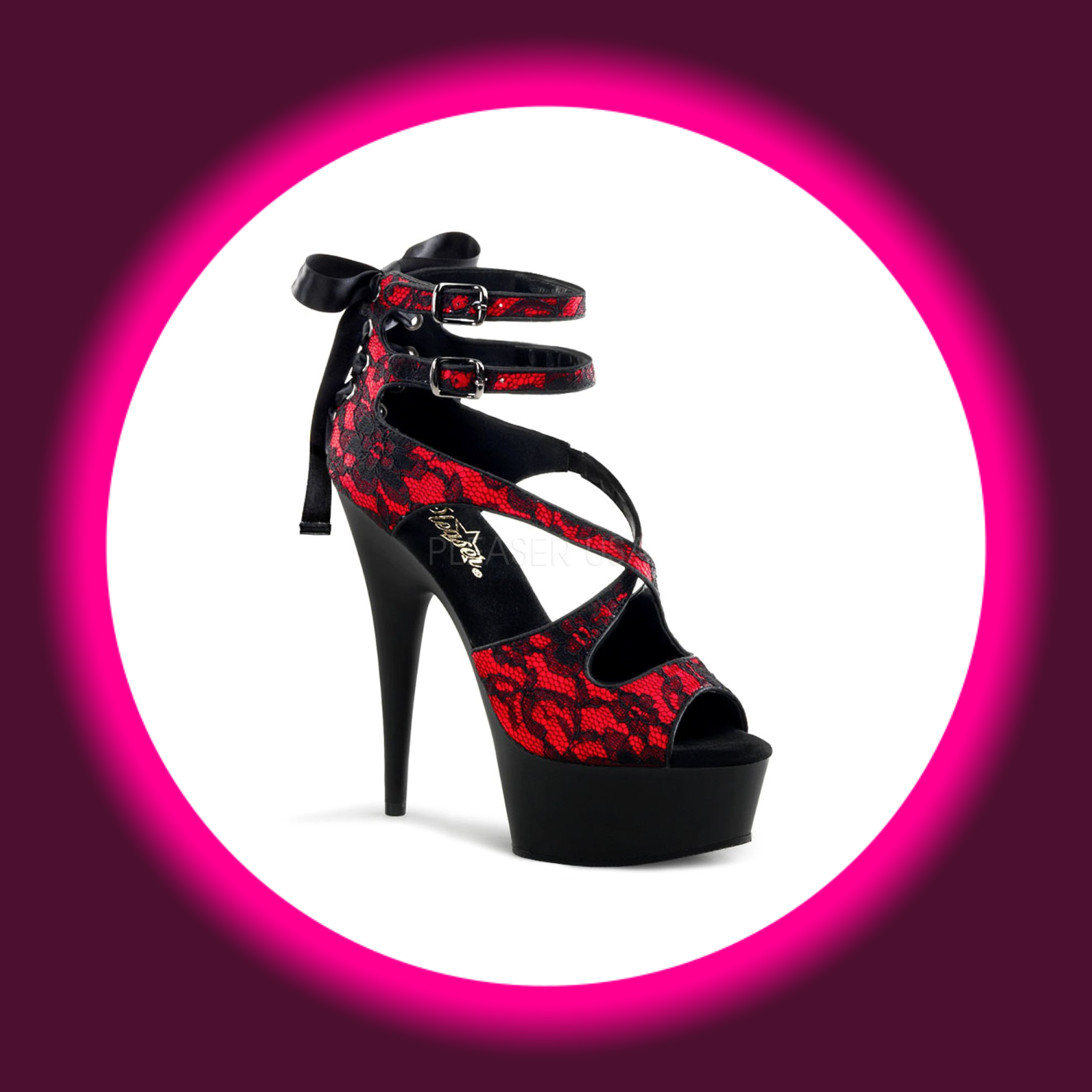 Winkelansicht schwarze Sandale Pleaser Delight 678, Riemen mit roter Spitze bedeckt und Schleife an der Ferse