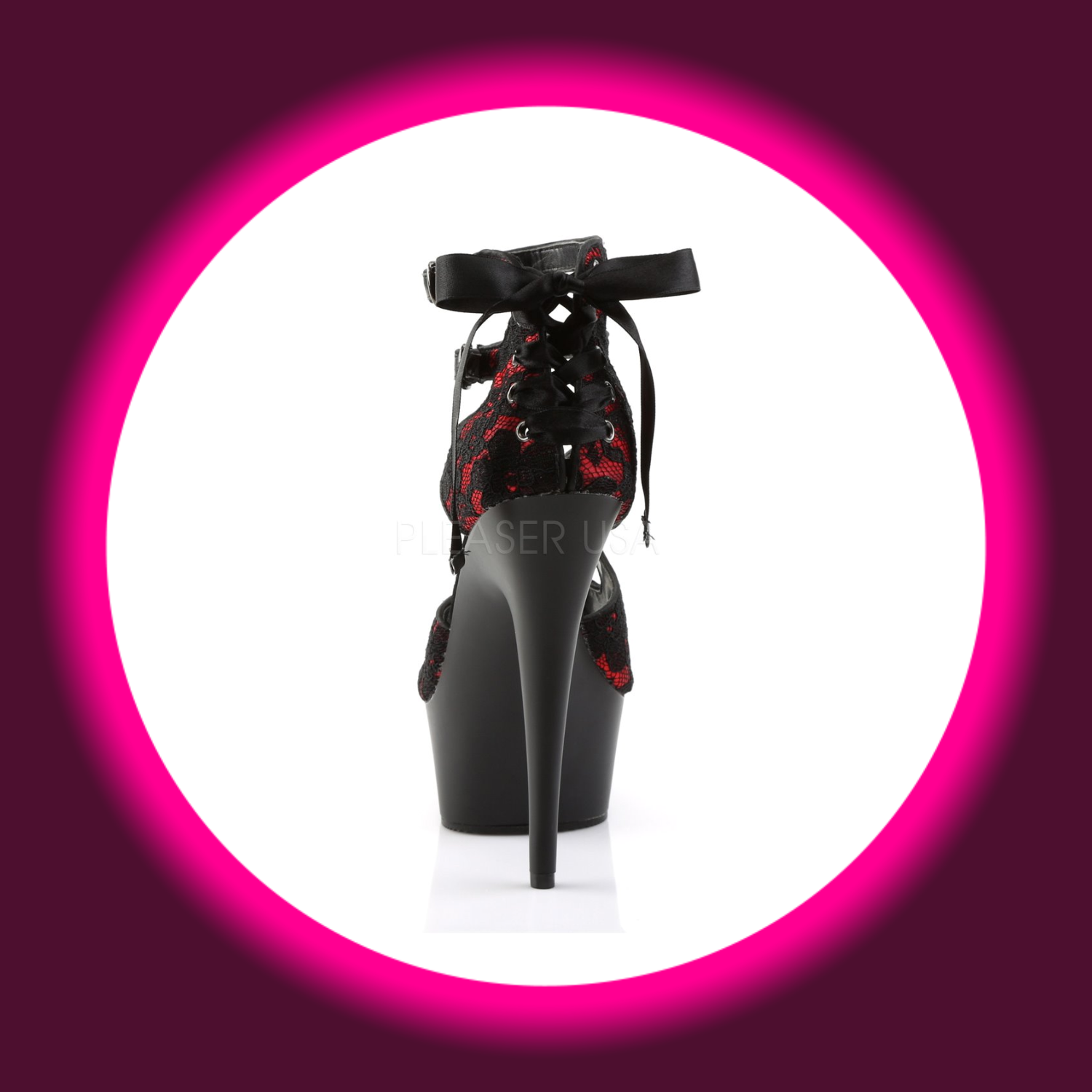 Rückansicht schwarze Sandale Pleaser Delight 678, Riemen mit roter Spitze bedeckt und Schleife an der Ferse