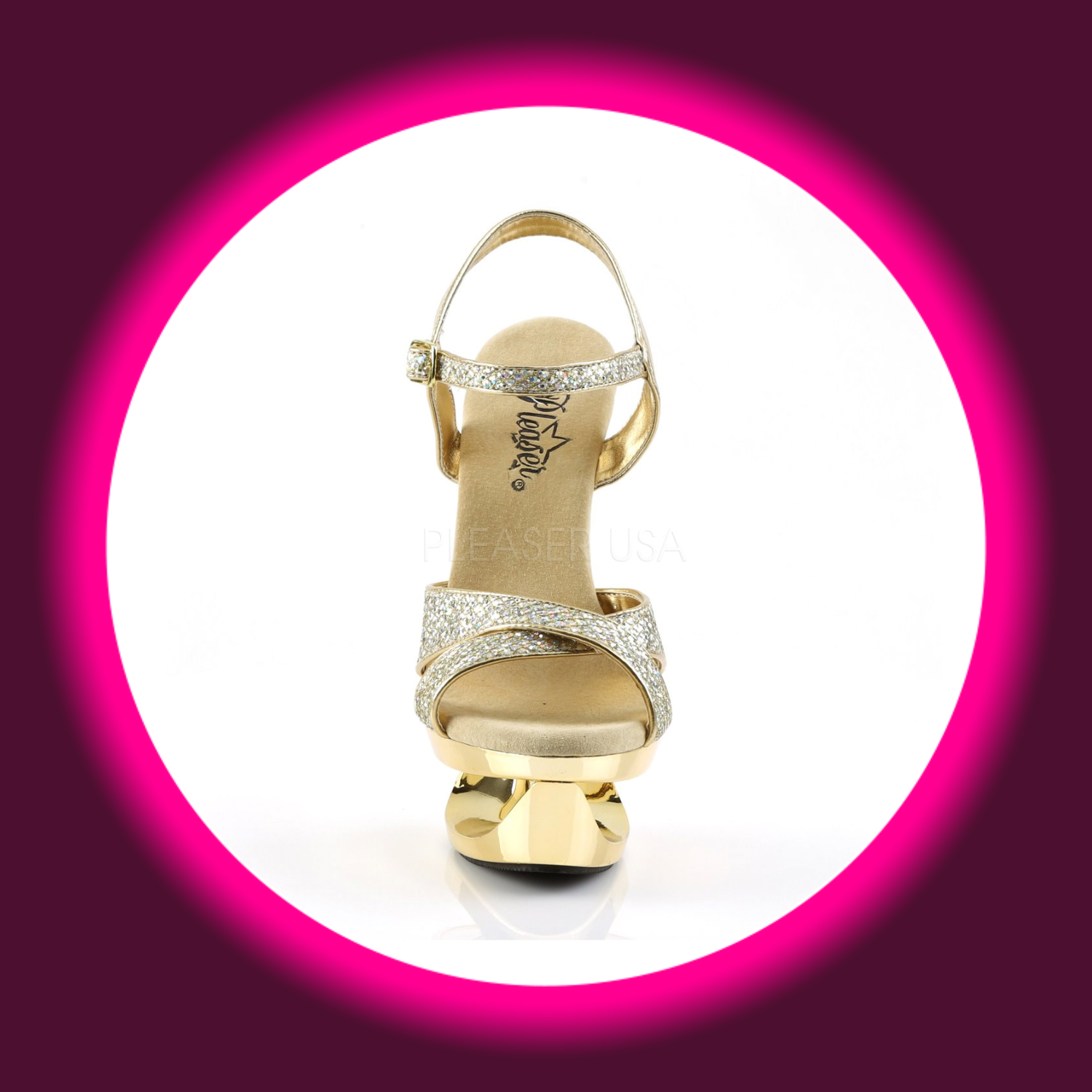 Frontansicht gold glänzende Plateau-Sandale mit Glitterriemchen und beiger Innensohle, Pleaser Eclipse 619