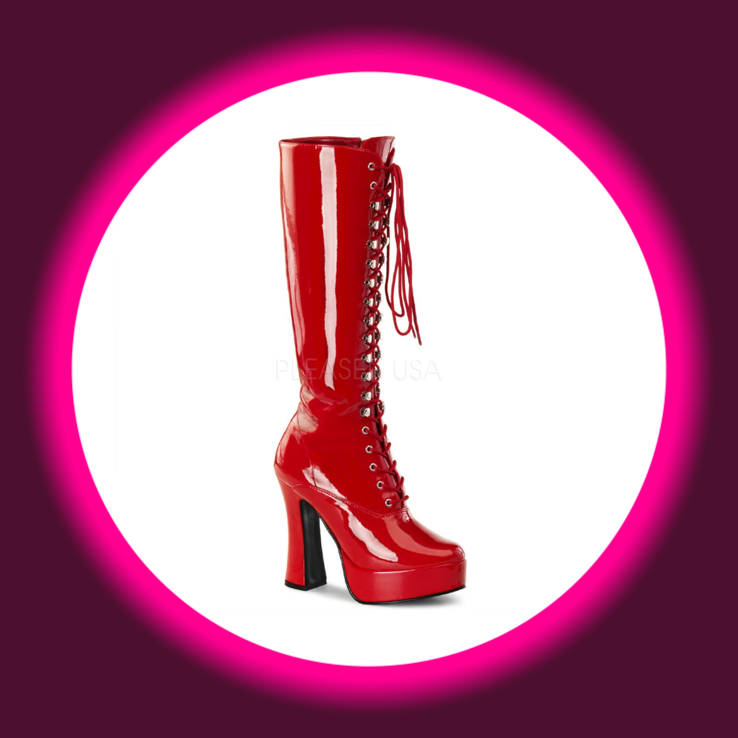 Winkelansicht rote Plateau Stiefel Pleaser Electra 2020 mit Blockabsatz und Frontschnürung