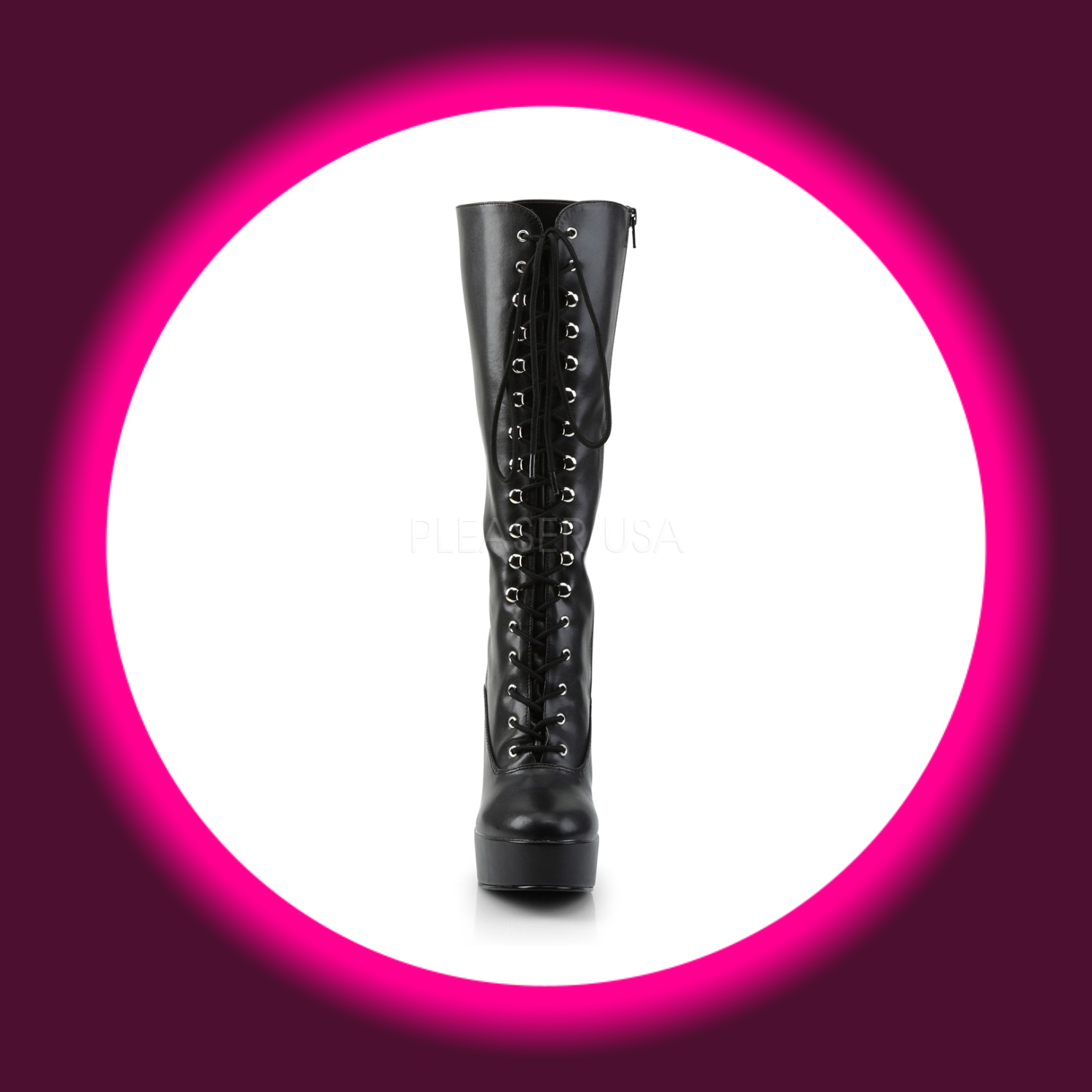 Frontansicht schwarze matte Plateau Stiefel Pleaser Electra 2020 mit Frontschnürung