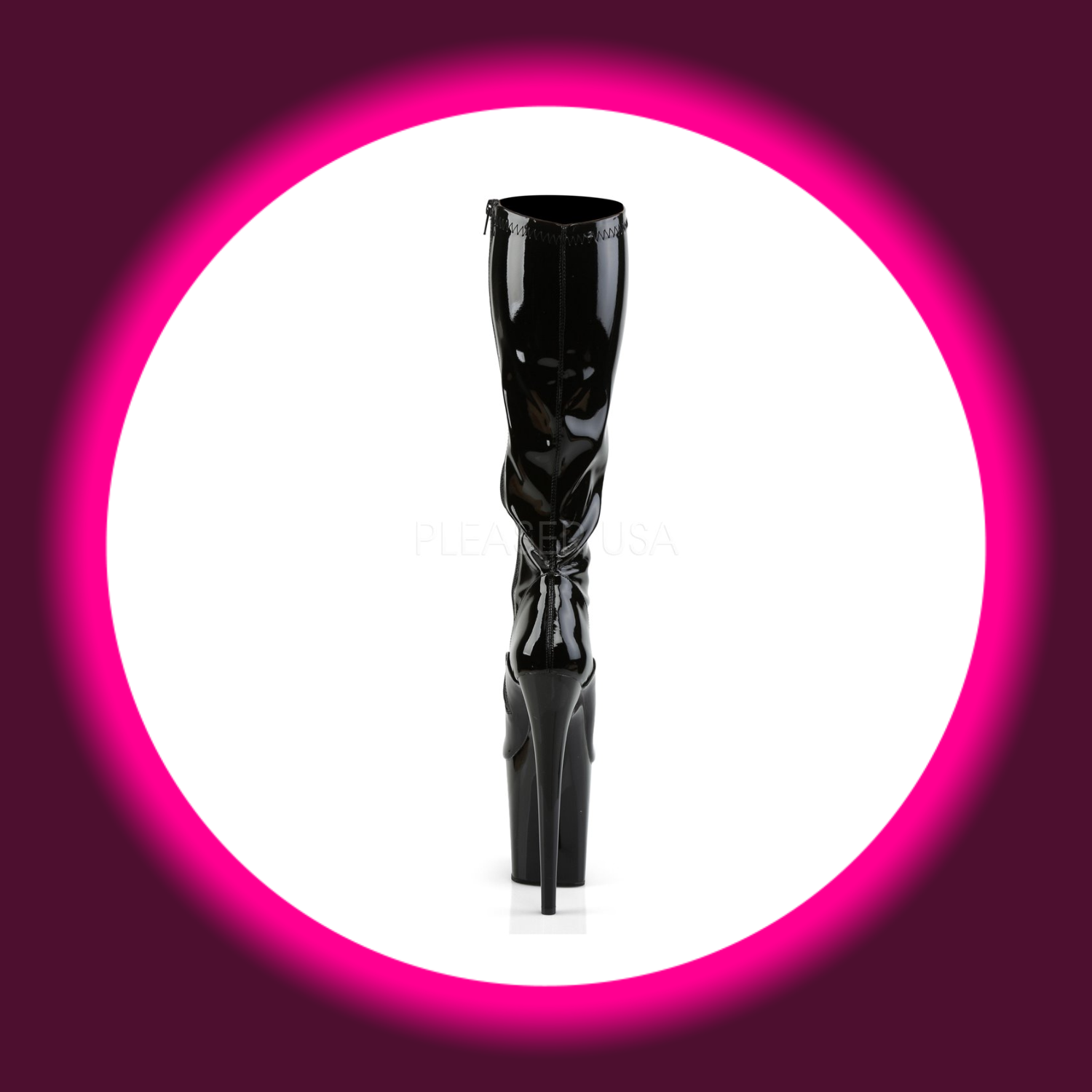 Rückansicht schwarze glänzende Plateau-Stiefel Pleaser Flamingo 2000 mit sehr hohem Absatz