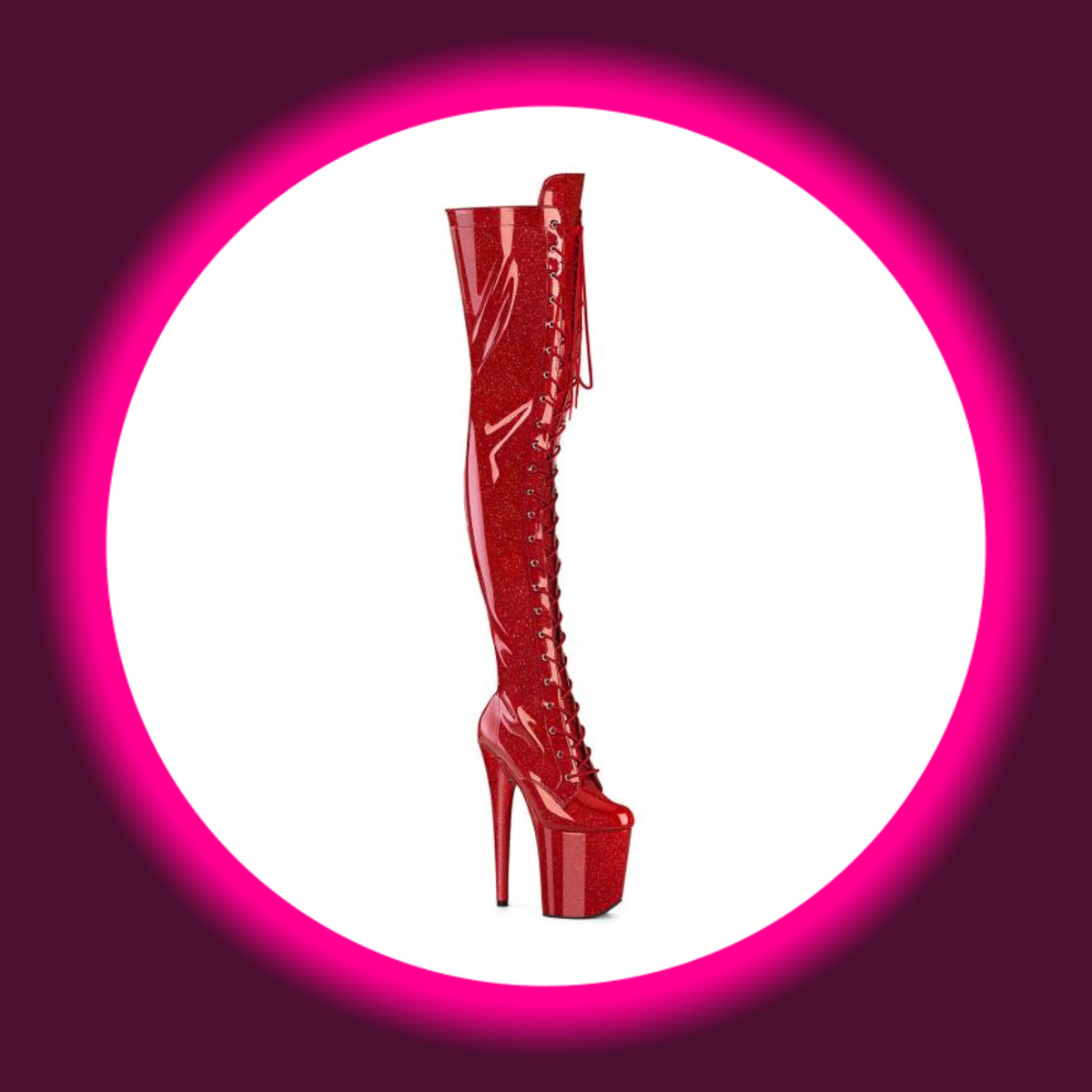 Pleaser Flamingo 3020 Overknee-Plateau-Stiefel in Rot mit glänzendem Lackfinish, Glitter, durchgängiger Frontschnürung und hohem Stilettoabsatz, schräge Frontansicht