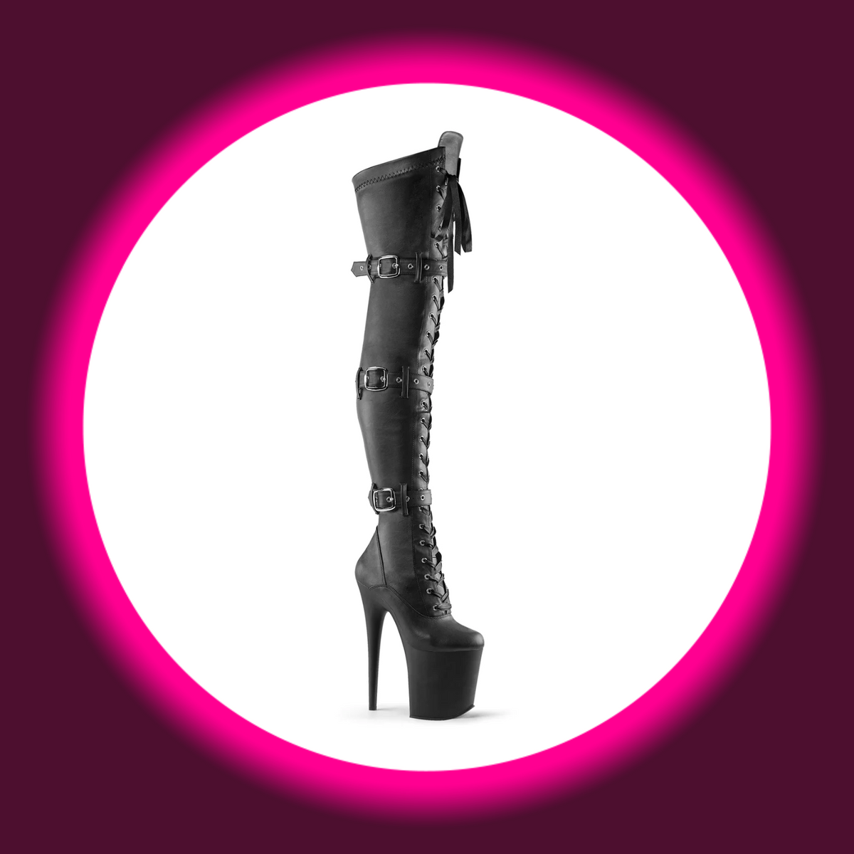 Pleaser Flamingo 3028 Overknee-Plateau-Stiefel in Schwarz matt mit durchgängiger Schnürung, drei Schnallenriemen und schlankem Stilettoabsatz, schräge Frontansicht