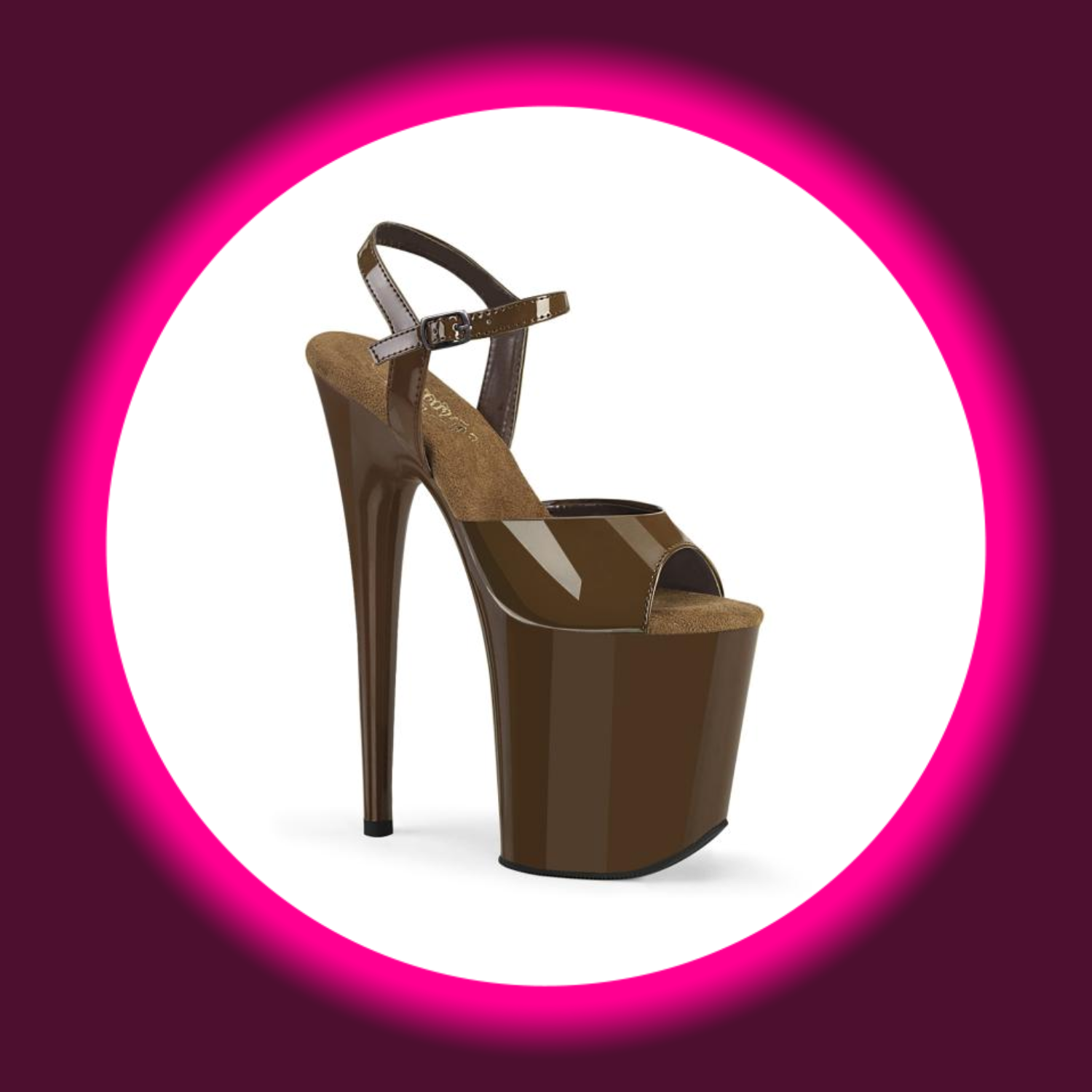 Winkelansicht braune Plateau Sandale mit sehr hohem Absatz, Pleaser Flamingo 809