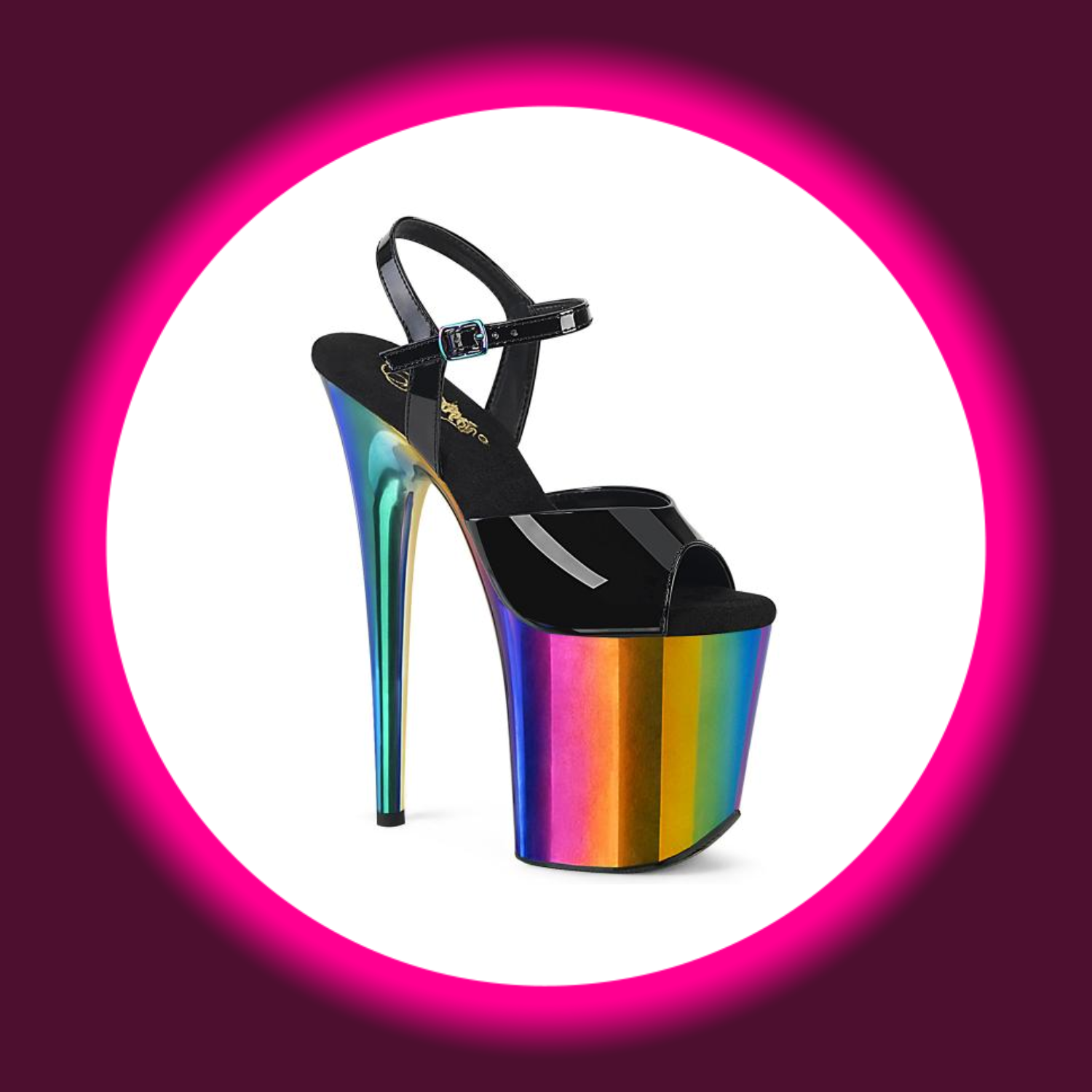 Winkelansicht schwarze Sandale mit buntem Plateau und sehr hohem buntem Absatz, Pleaser Flamingo 809