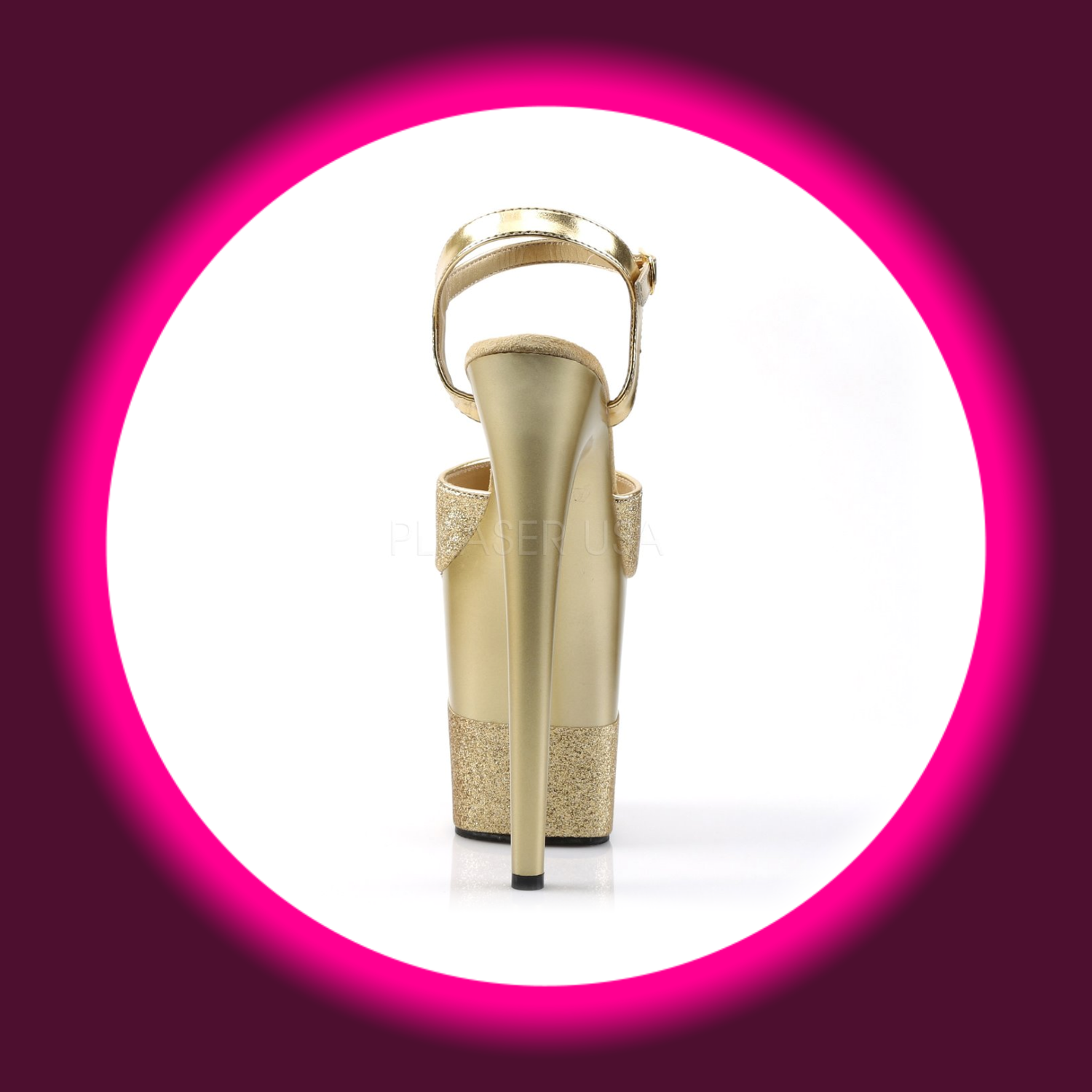 Rückansicht goldene Plateau Sandale mit sehr hohem Absatz, Pleaser Flamingo 809