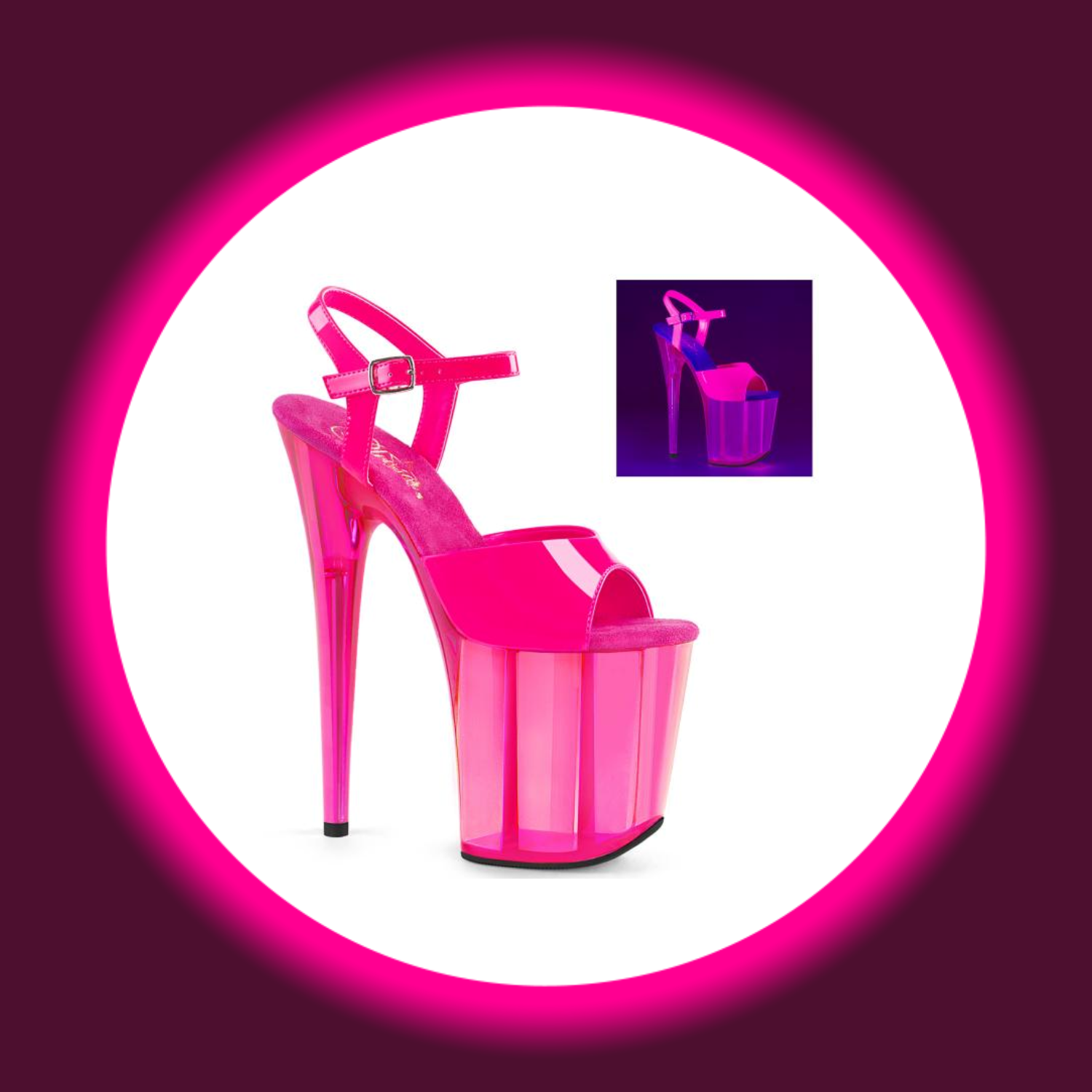 Winkelansicht pinke, uv-reaktive Plateau Sandale mit sehr hohem Absatz, Pleaser Flamingo 809