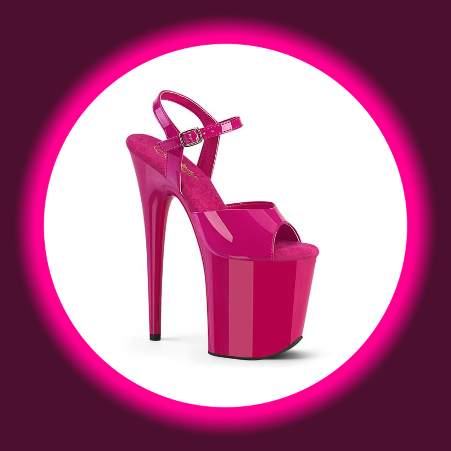 Winkelansicht pinke Plateau Sandale mit sehr hohem Absatz, Pleaser Flamingo 809