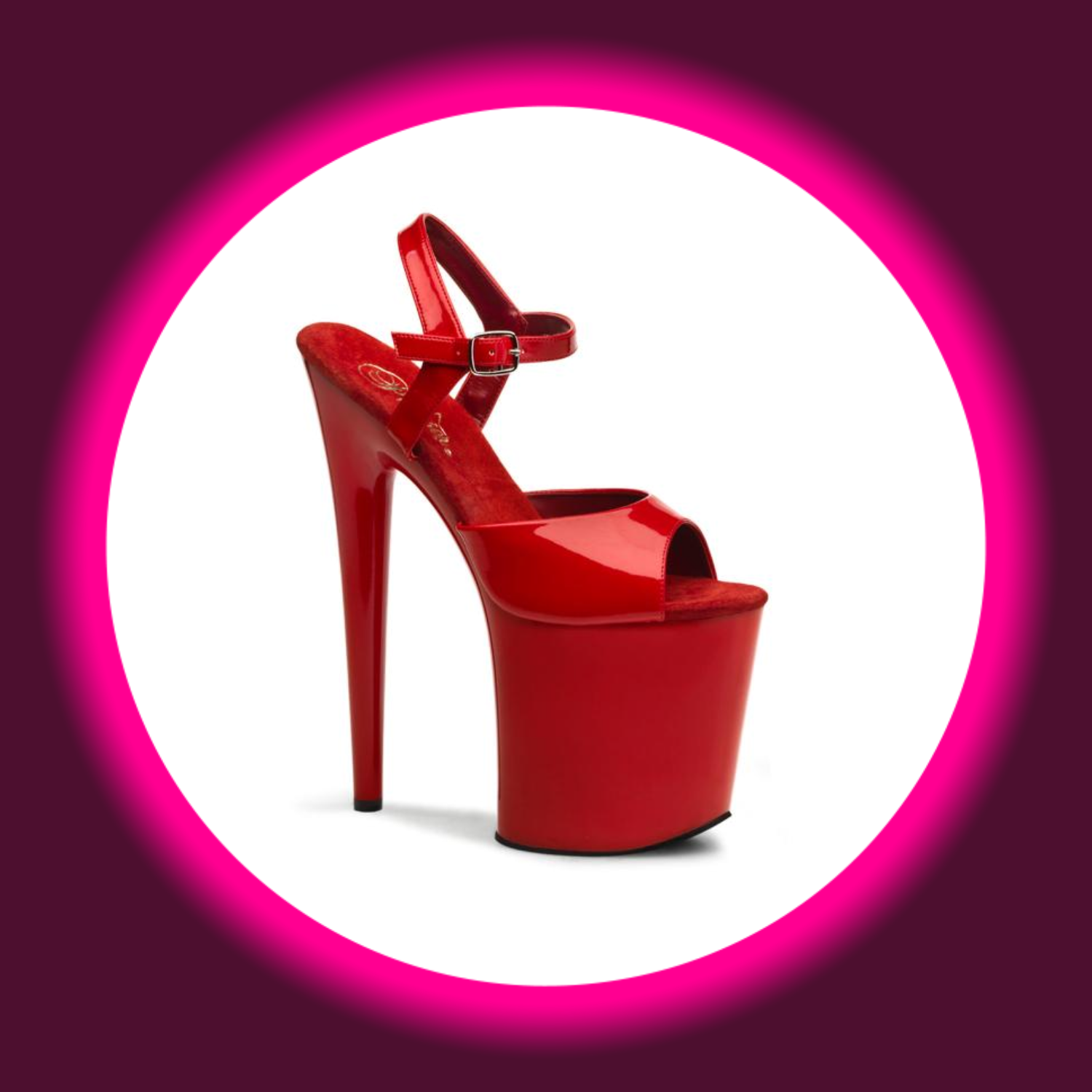 Winkelansicht rote Plateau Sandale mit sehr hohem Absatz, Pleaser Flamingo 809