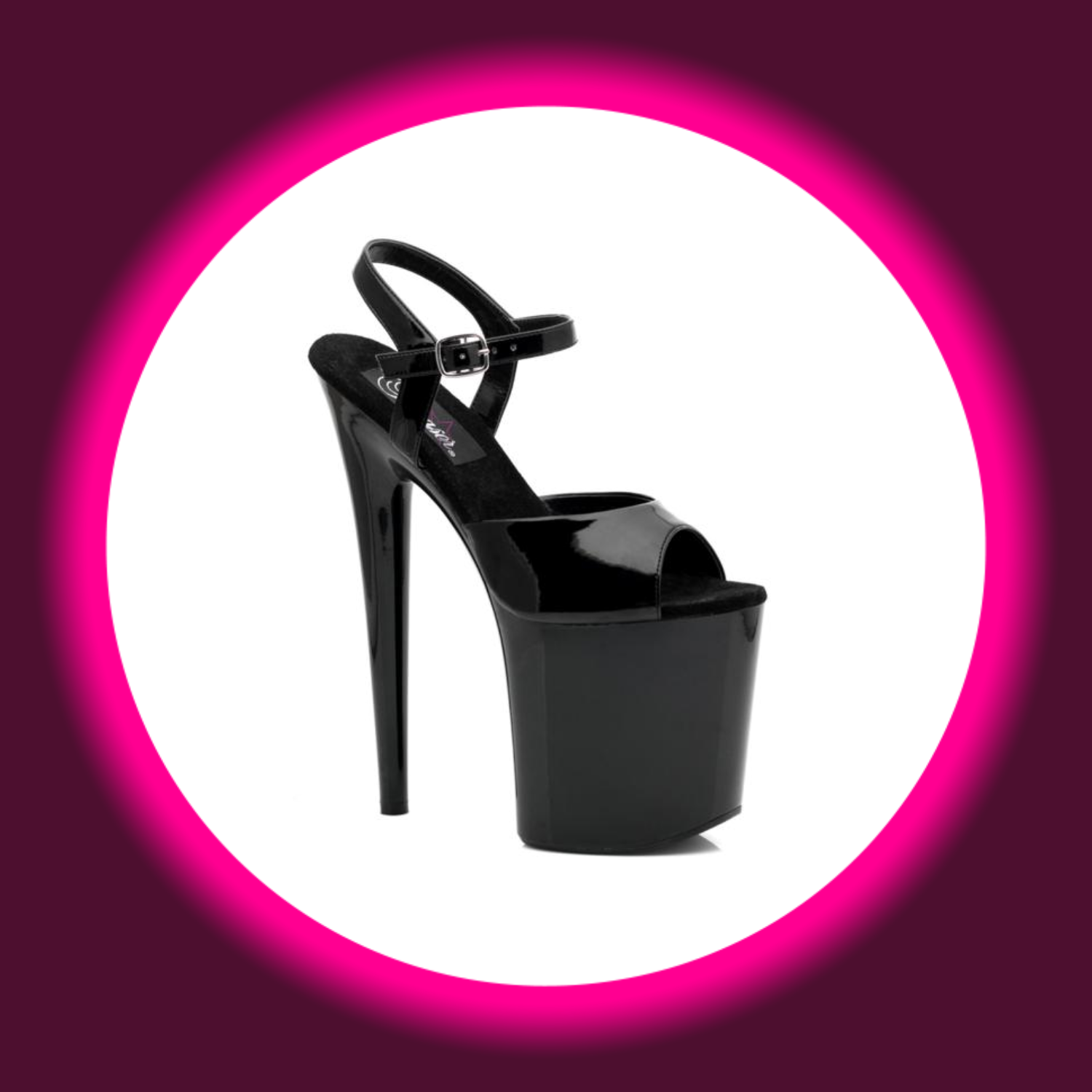 Winkelansicht schwarze Plateau Sandale mit sehr hohem Absatz, Pleaser Flamingo 809